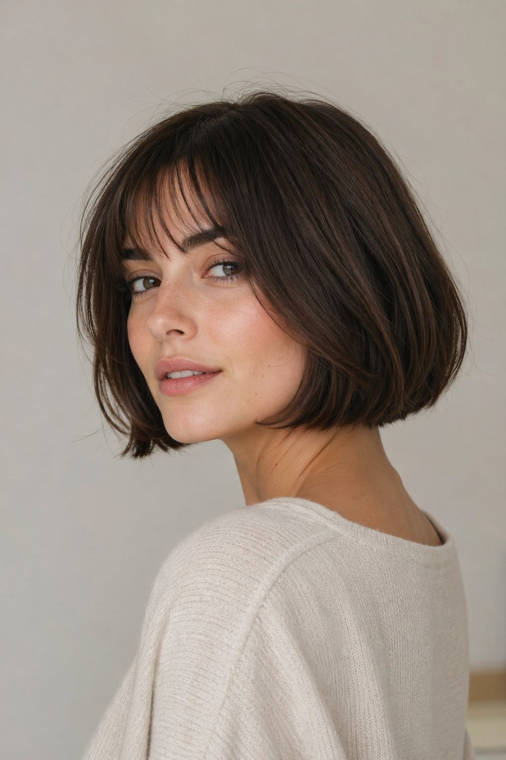 Young woman with a chin-length bob haircut posing against a neutral background.