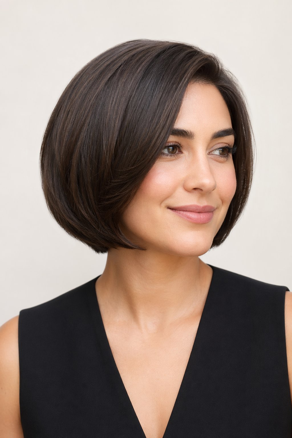 Portrait of a woman with a soft rounded bob haircut smiling against a plain background.