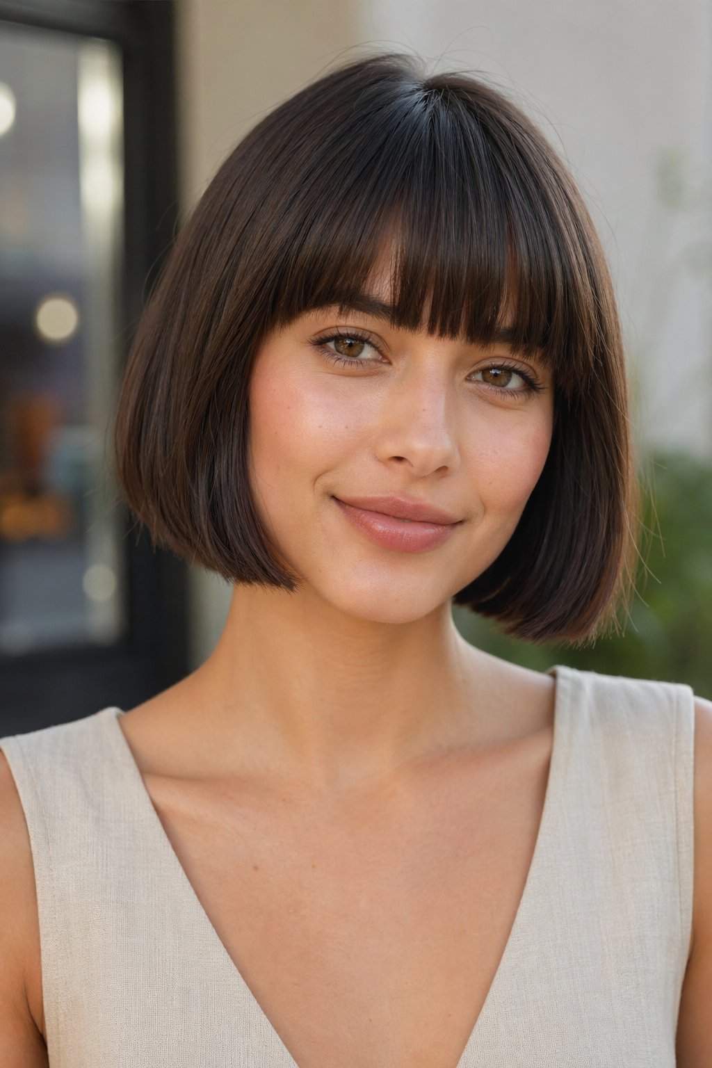 A young woman with a jaw-length bob haircut and full bangs smiling gently at the camera against a softly blurred background.