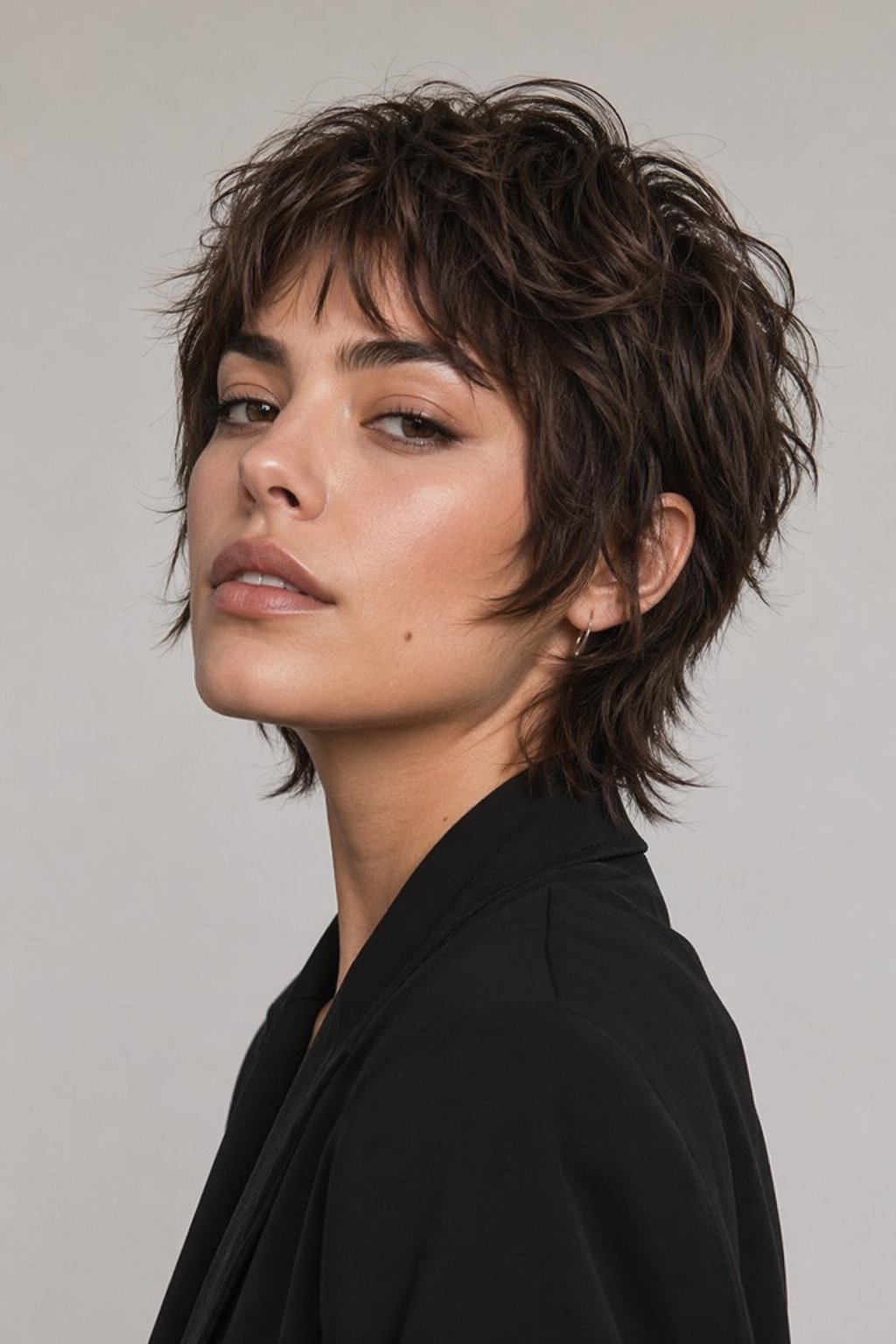 A woman with short, textured hair posing against a plain background in a studio.