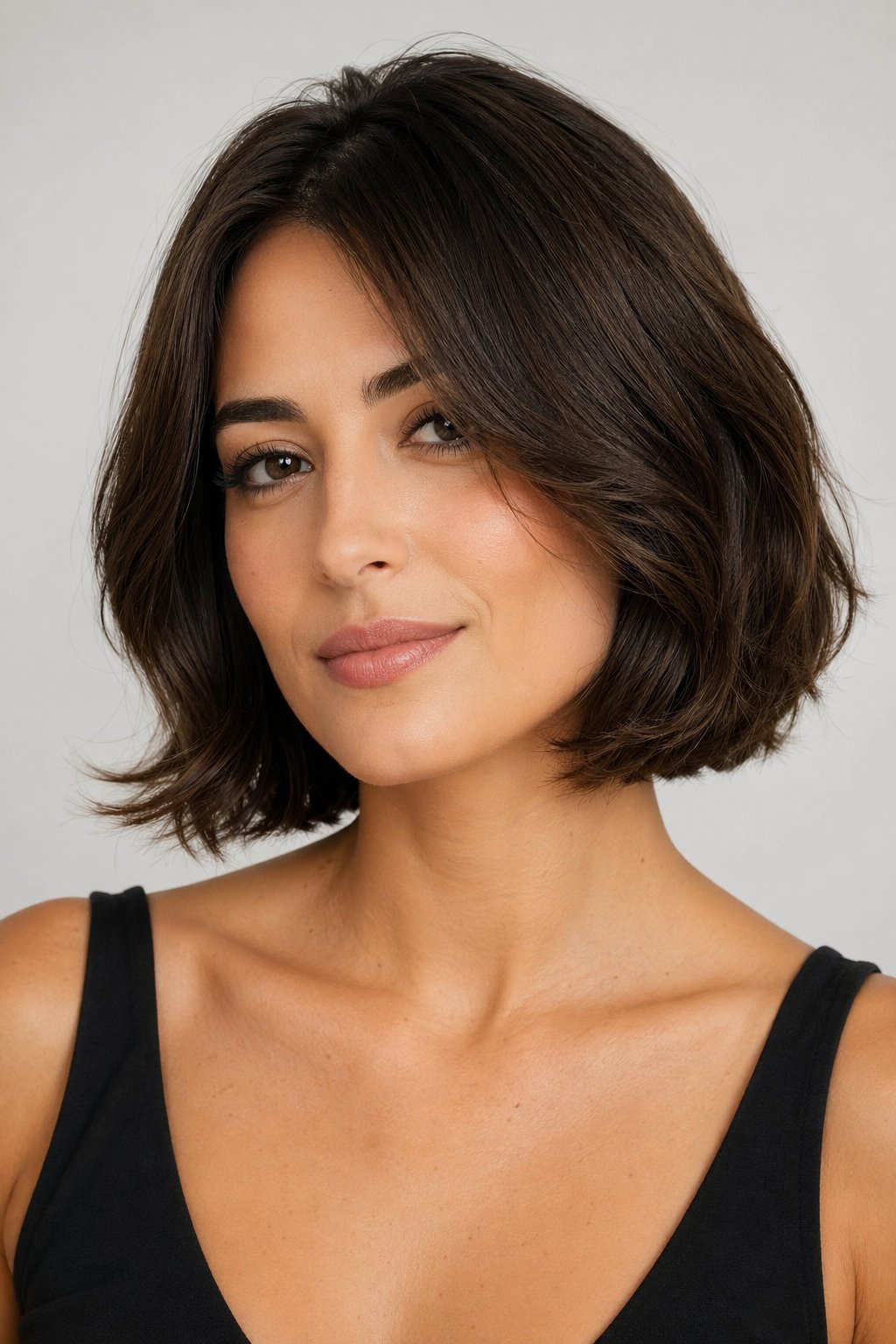 A woman with a shoulder-length bob hairstyle posing in a studio with a neutral background.