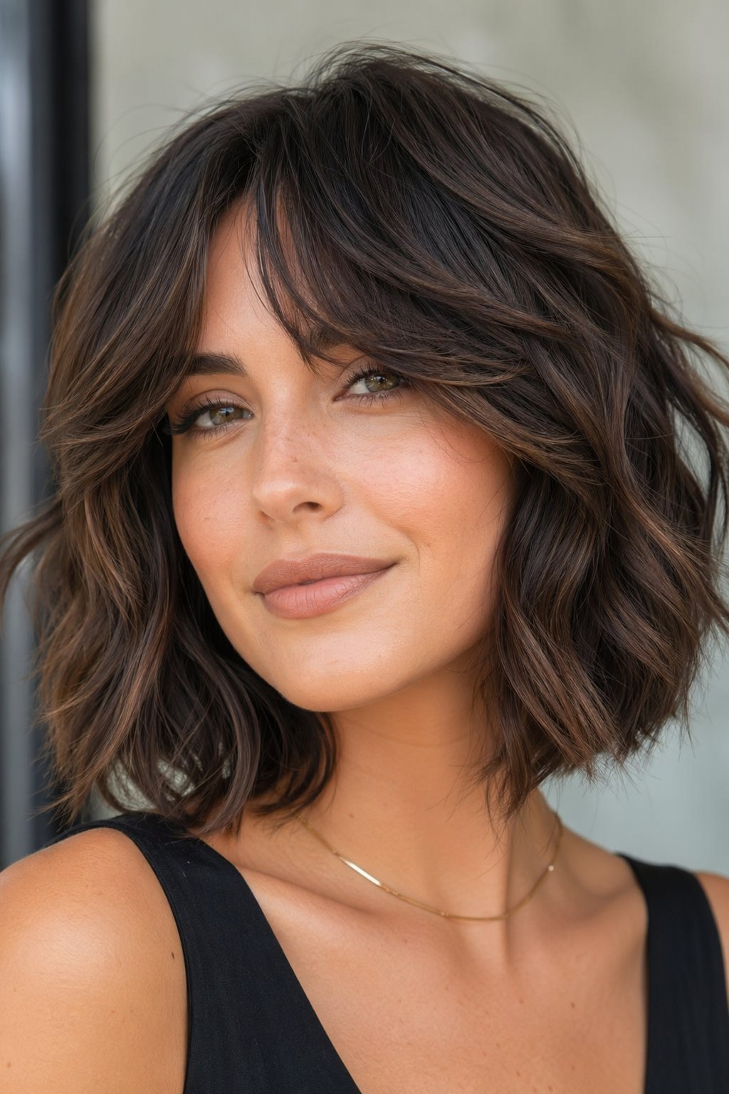 Close-up of a woman with wavy bob haircut and curtain bangs, smiling gently against a blurred neutral background.