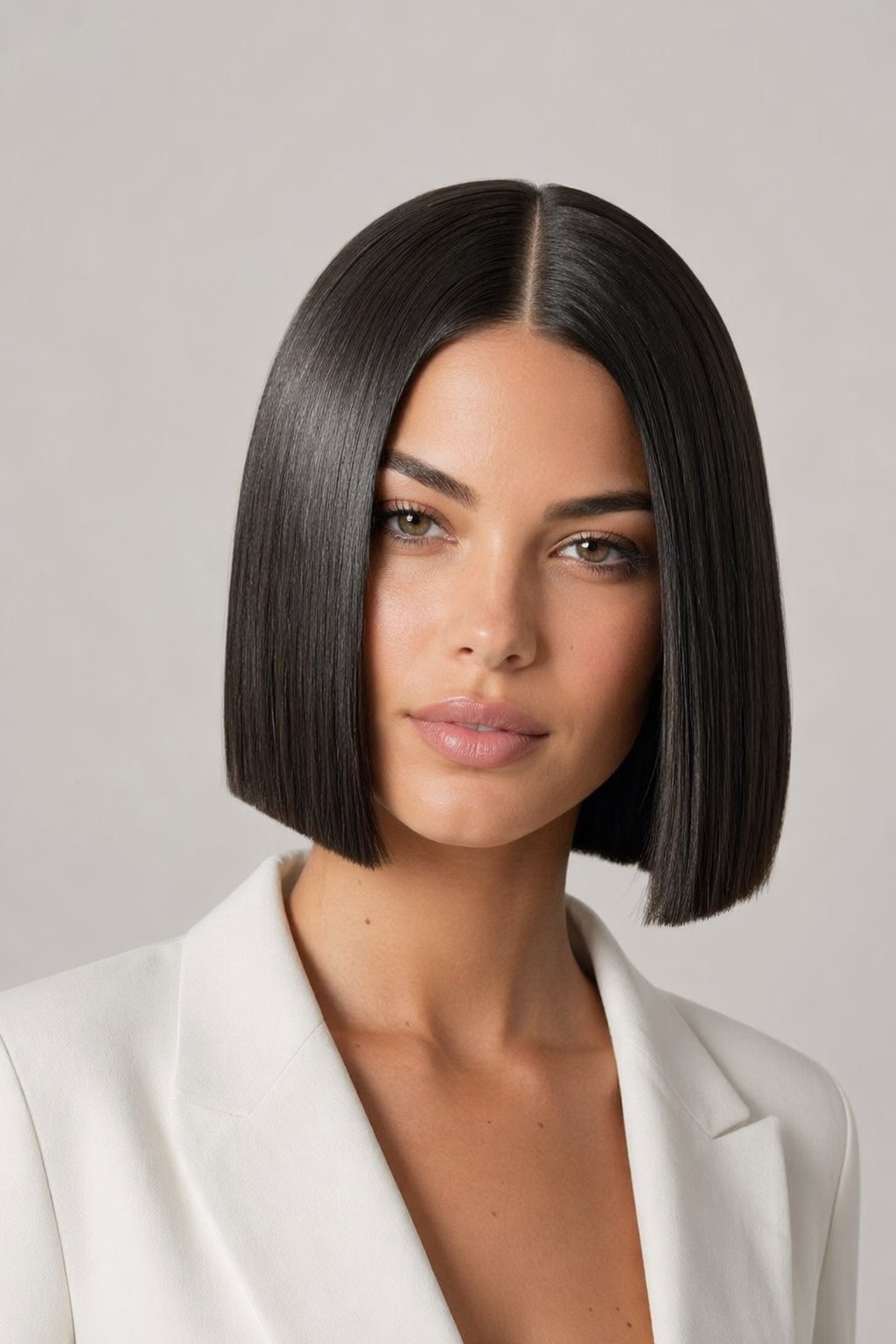 A woman with straight hair cut in a bob style parted in the center, looking confidently at the camera against a plain background.