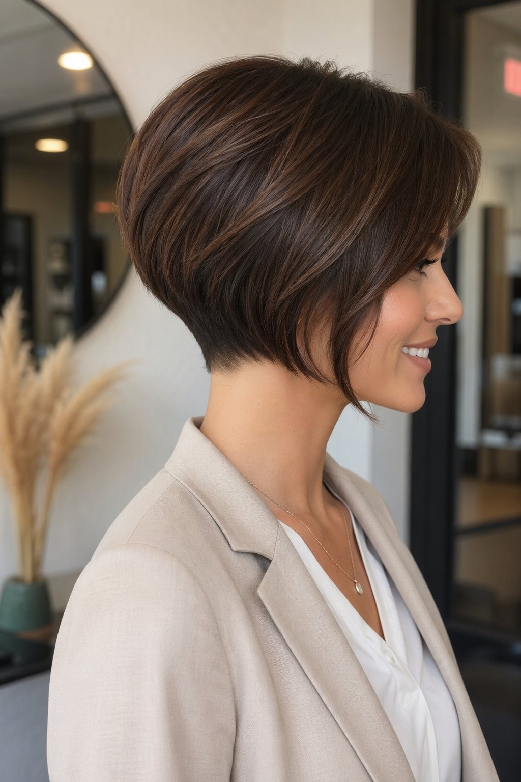 A woman with a short layered bob haircut viewed from the side, highlighting the tapered back of her hair.