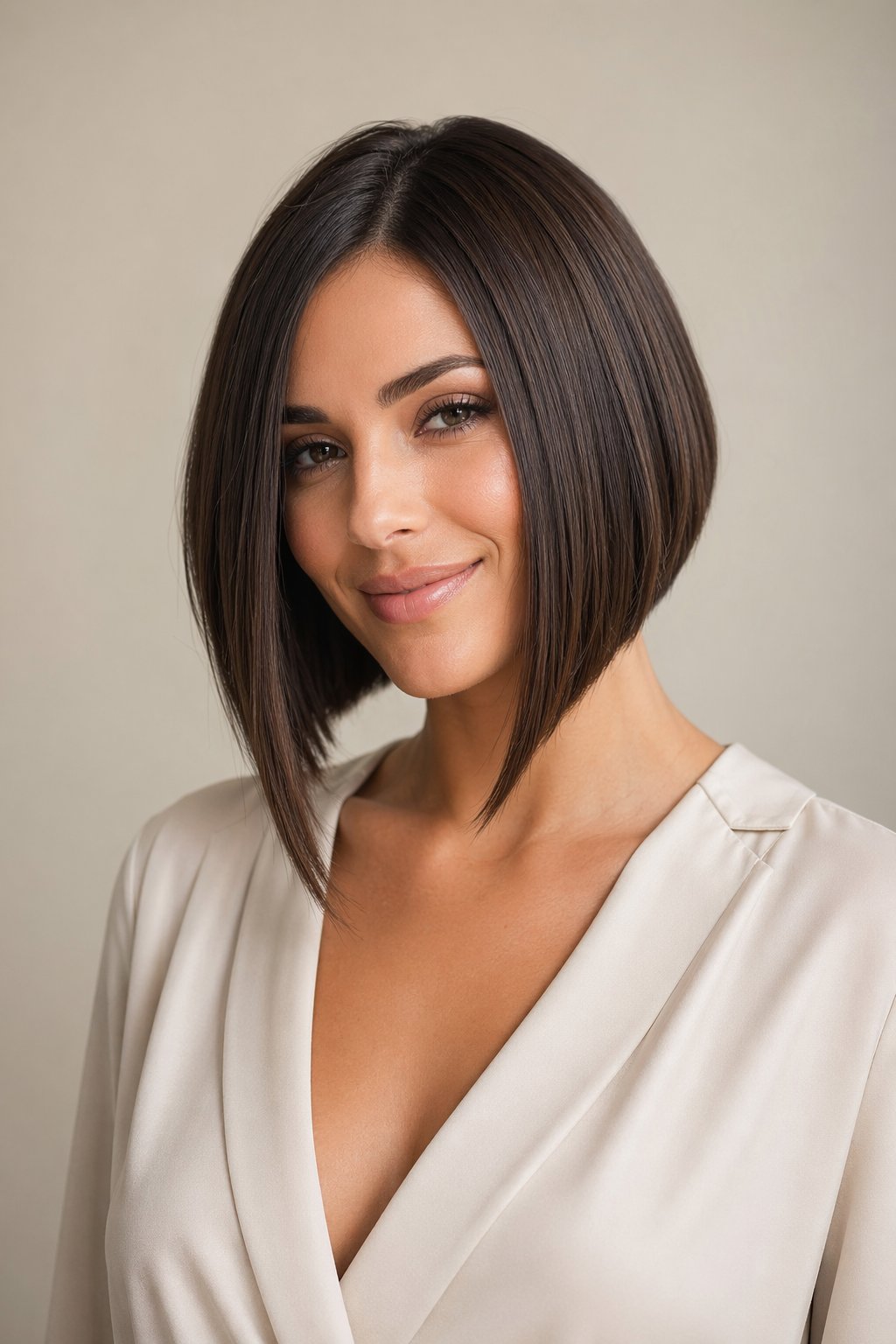 A woman with a stylish bob haircut smiling in a studio with a neutral background.
