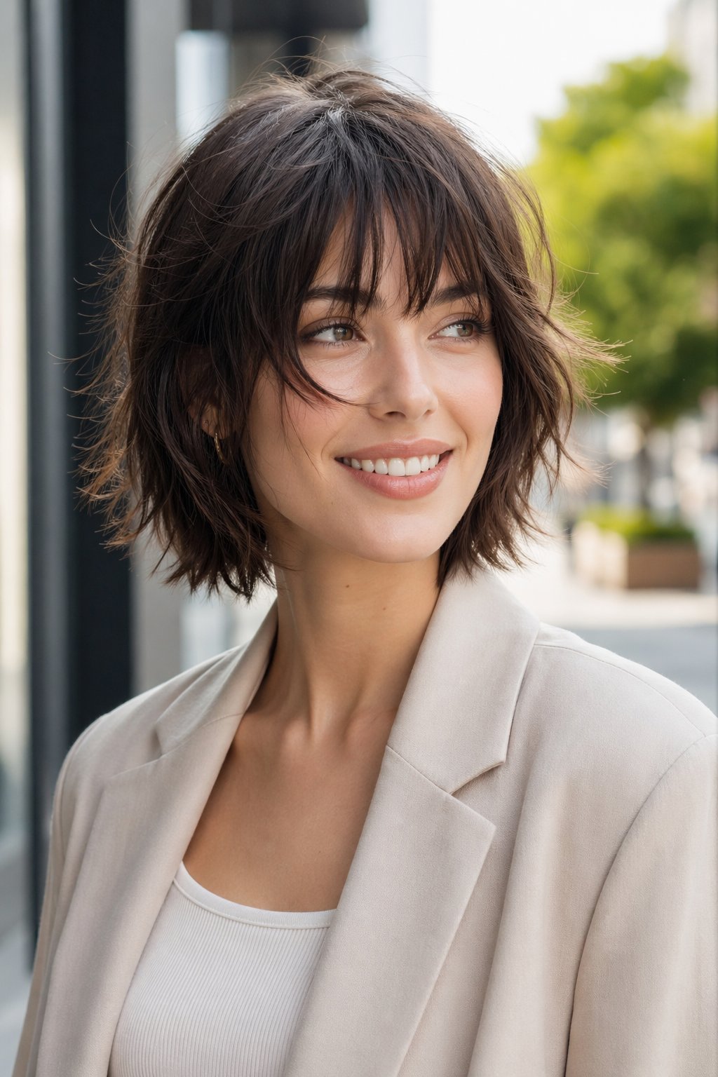 A young woman with a shaggy bob haircut and wispy fringe smiling outdoors with a blurred urban background.