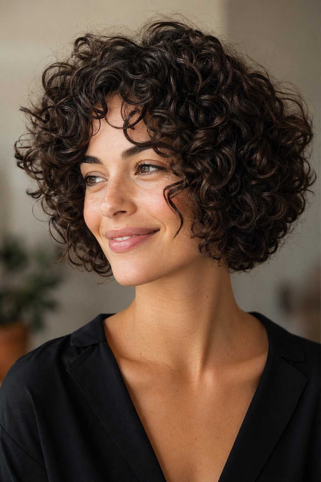 Close-up of a woman smiling with a curly bob haircut.