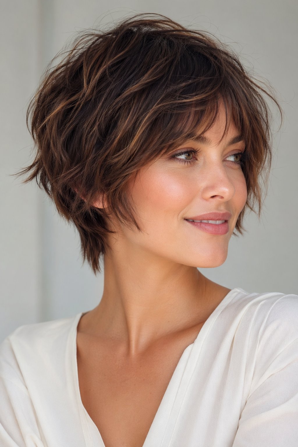 A young woman with a short layered bob hairstyle smiling against a neutral background.