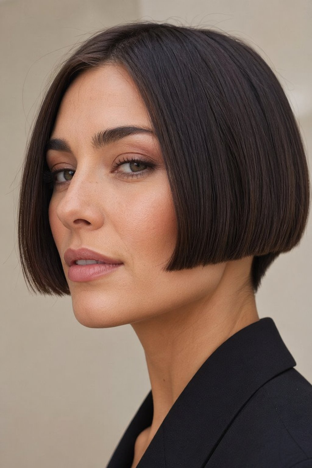 Close-up portrait of a woman with a short bob haircut cropped at the cheekbone, looking confidently at the camera.