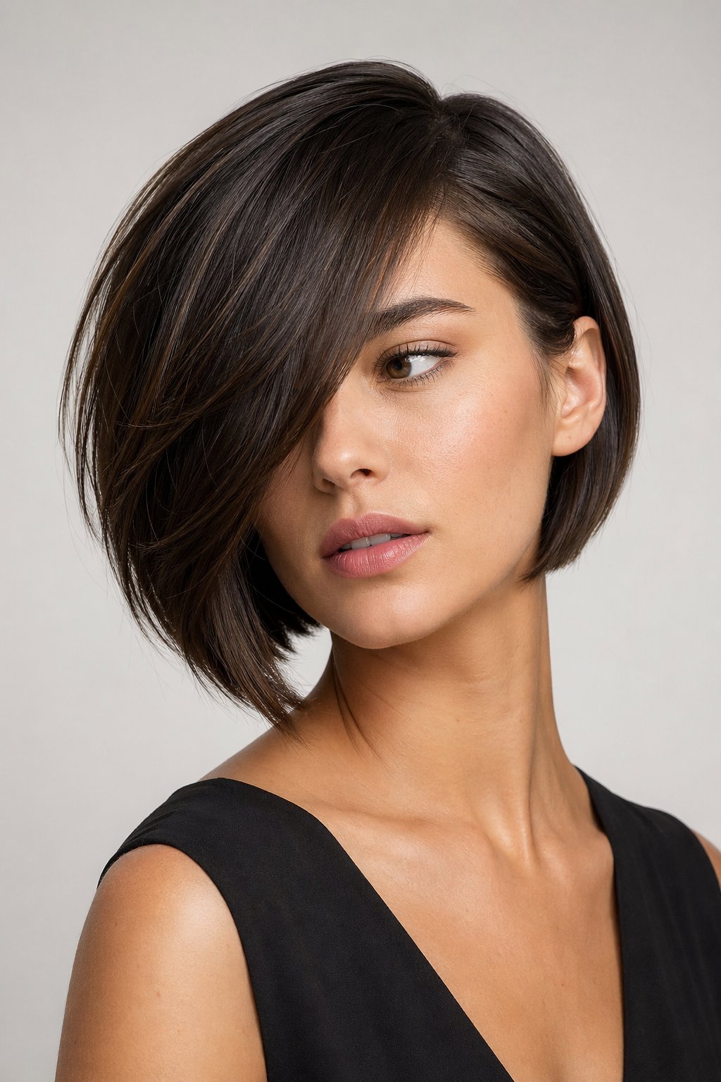 A young woman with a short, angled bob hairstyle looking slightly to the side against a plain background.