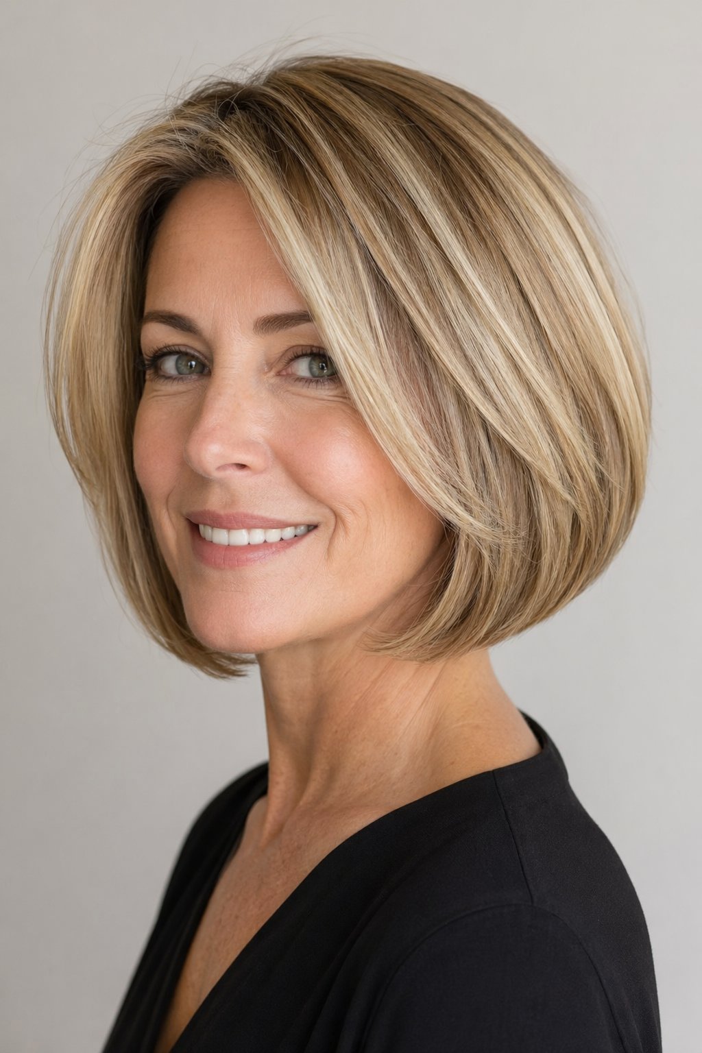 Portrait of a woman with a short bob haircut, smiling against a plain background.