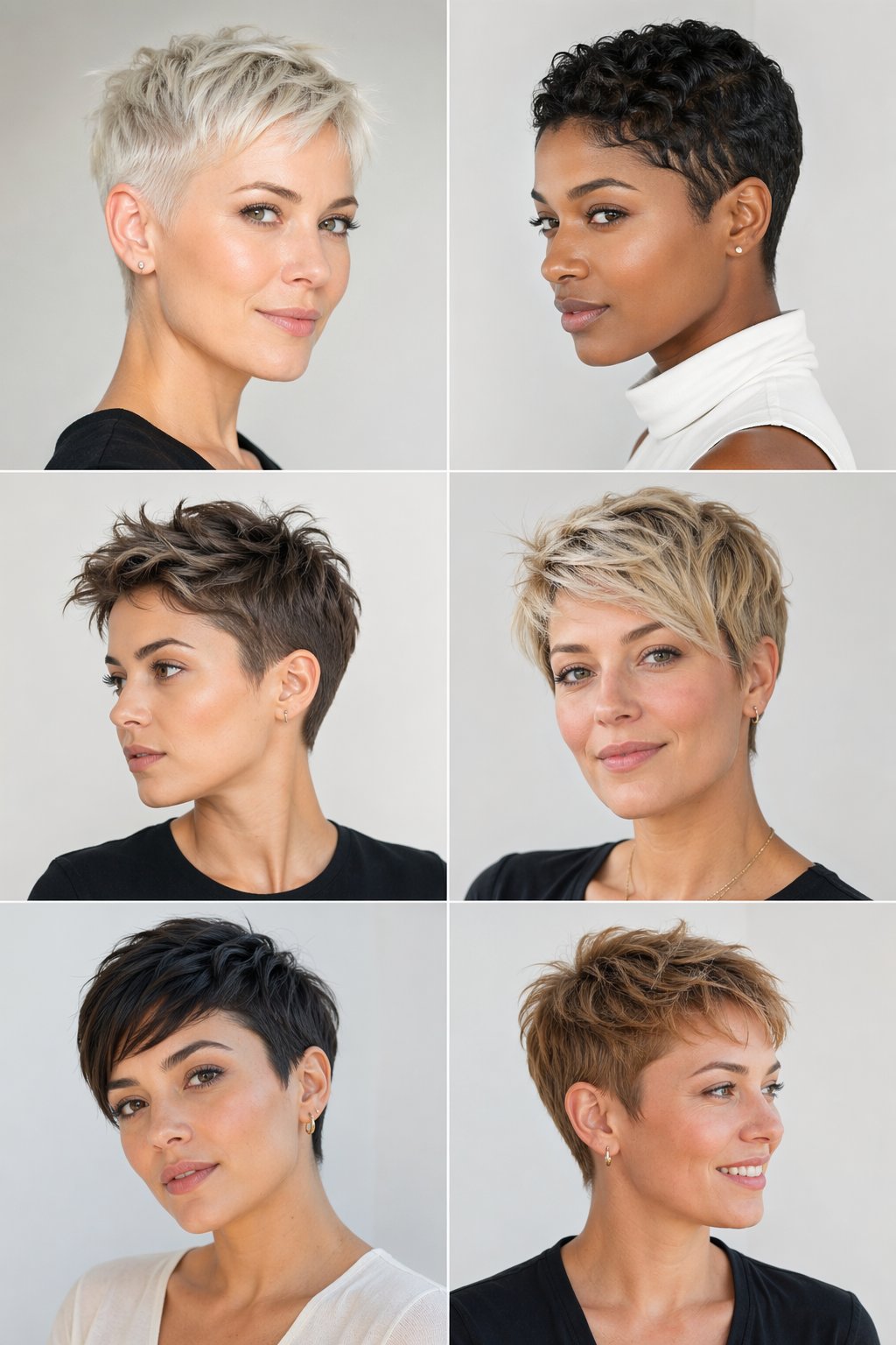 A group of women with short hairstyles posing in a bright studio setting.