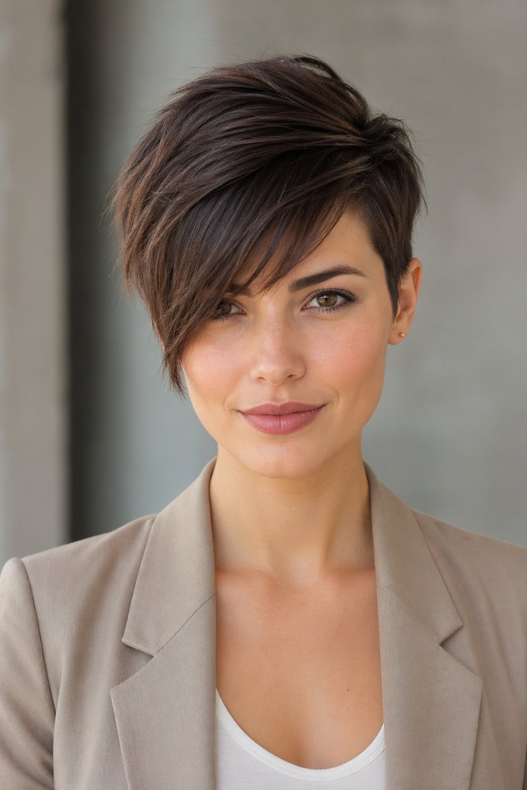 Portrait of a young woman with short side-swept hair, smiling gently against a neutral background.