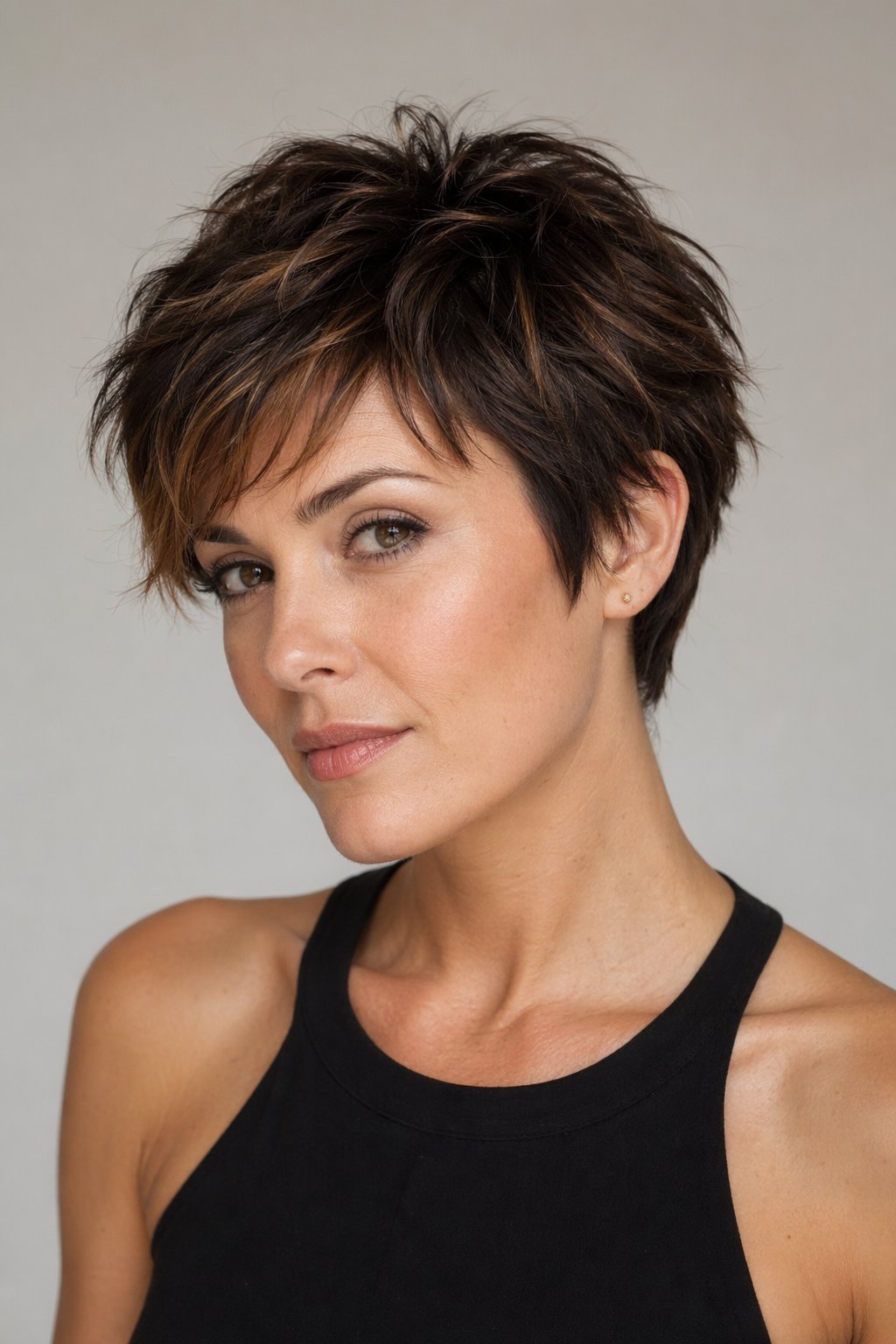 Woman with a short textured haircut posing against a plain background.