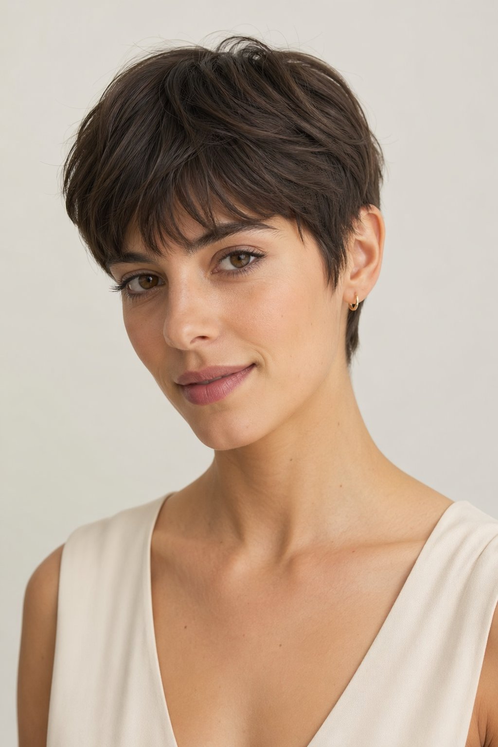 Portrait of a young woman with a short haircut and soft fringe, looking confidently at the camera against a plain background.