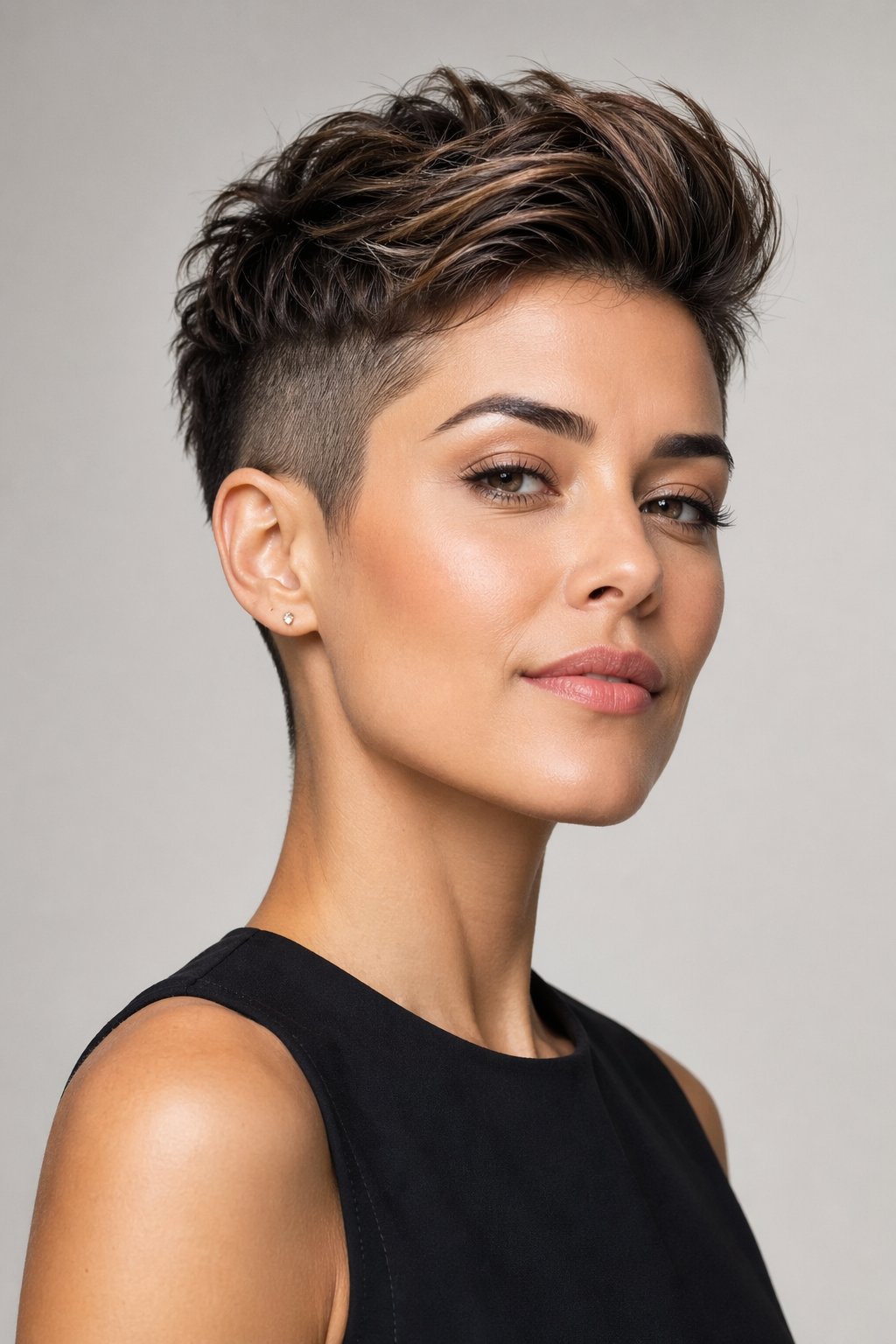 A woman with short hair styled with volume on top, looking confidently at the camera against a plain background.