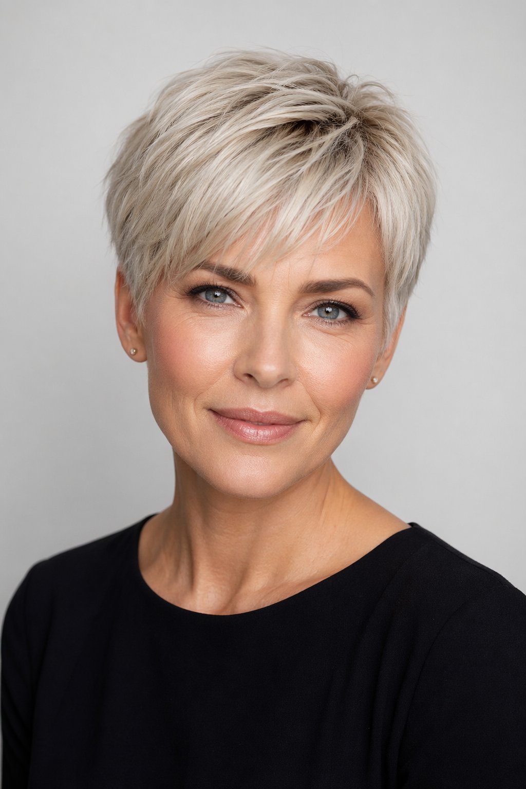A woman with short platinum blonde hair posing against a plain background.