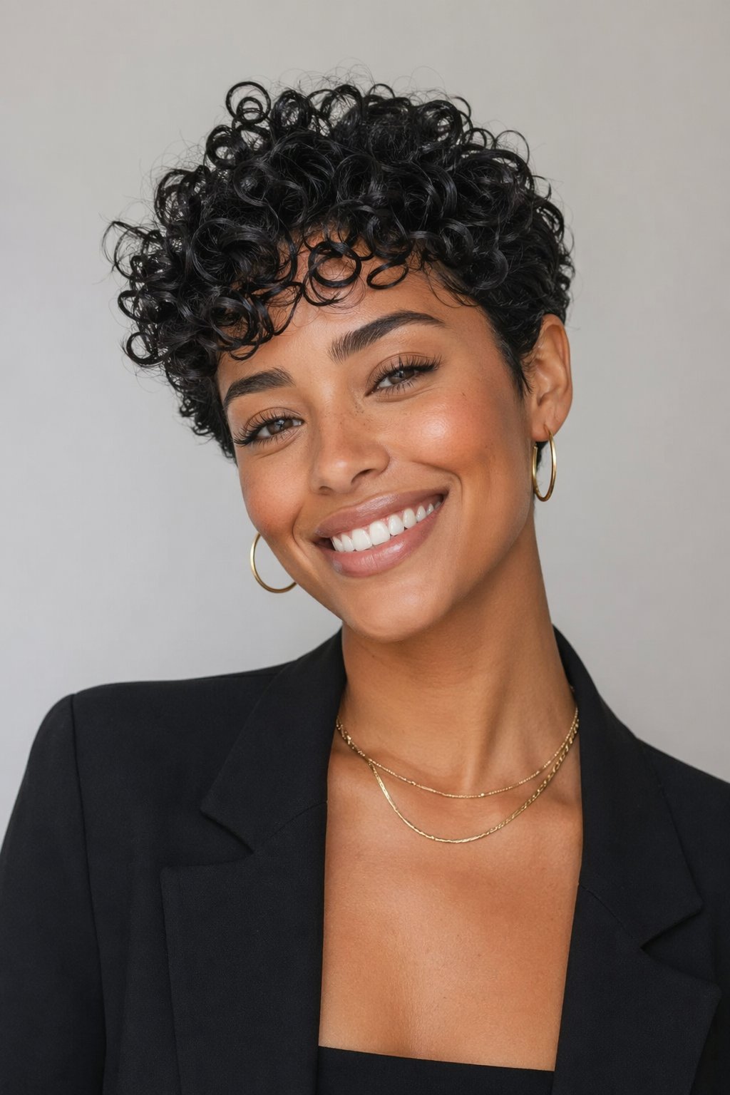 A young woman with a short curly hairstyle smiling against a plain background.