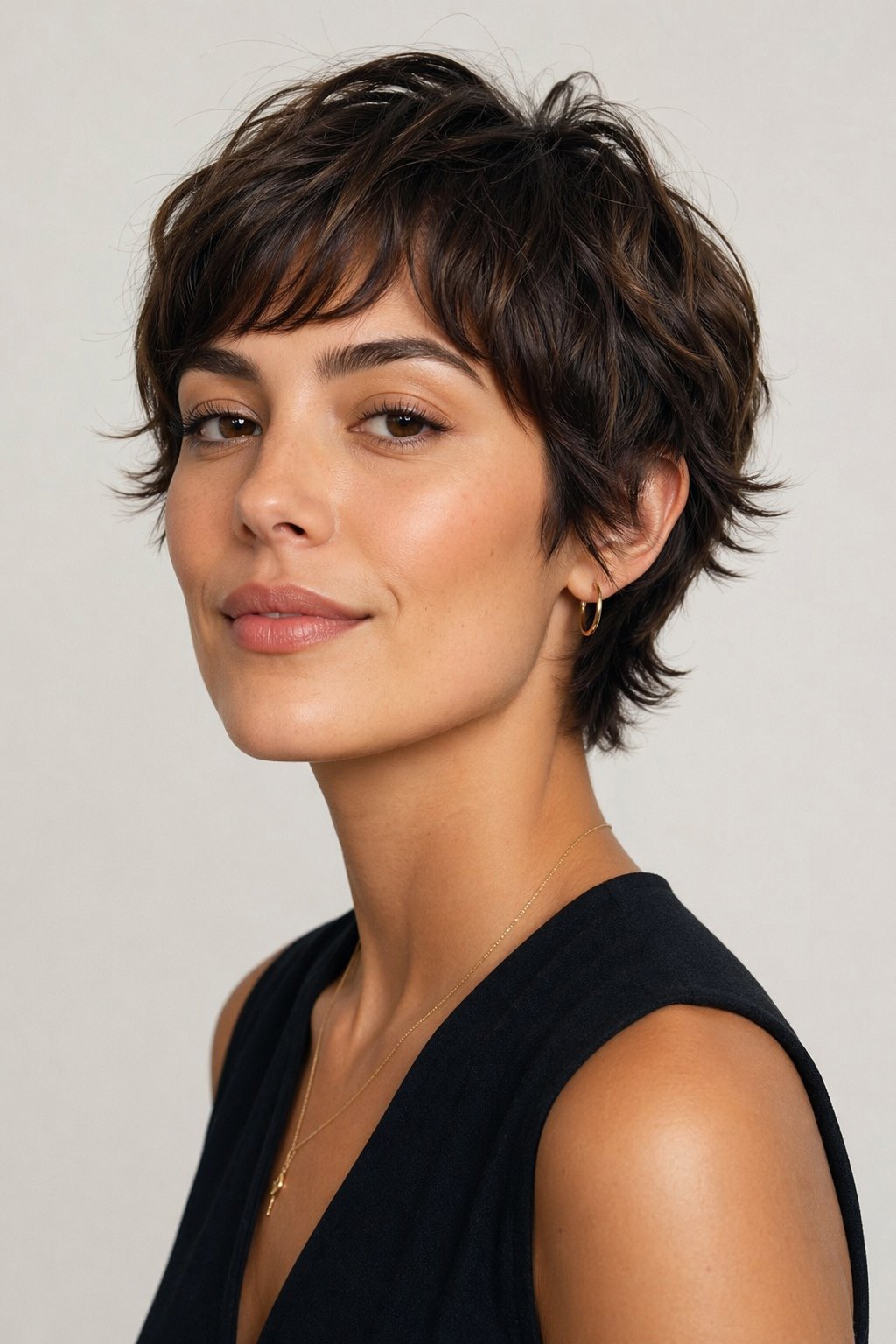 A young woman with short layered hair and feathered ends posing against a plain background.