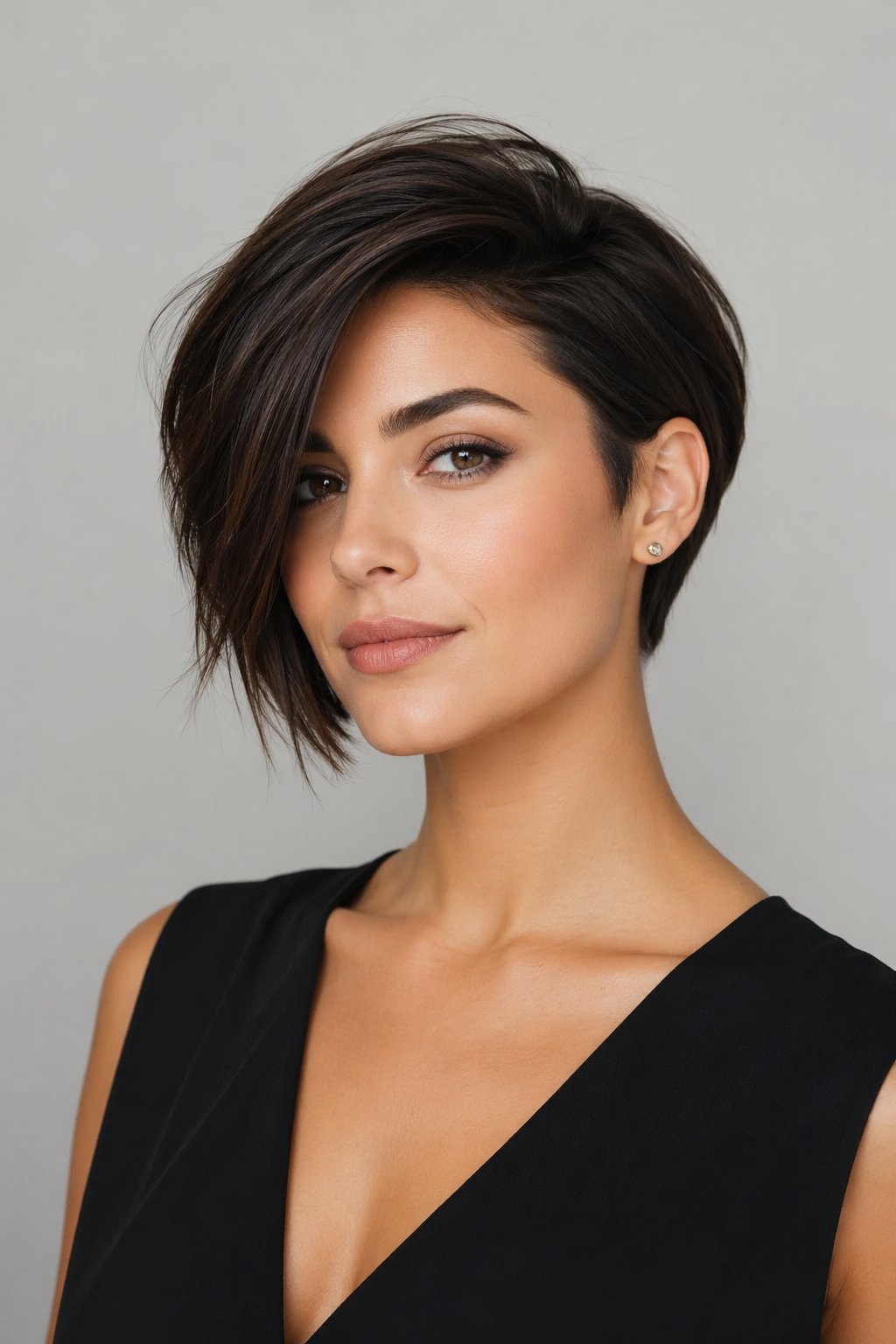 A young woman with a short asymmetrical haircut posing in a studio with a neutral background.