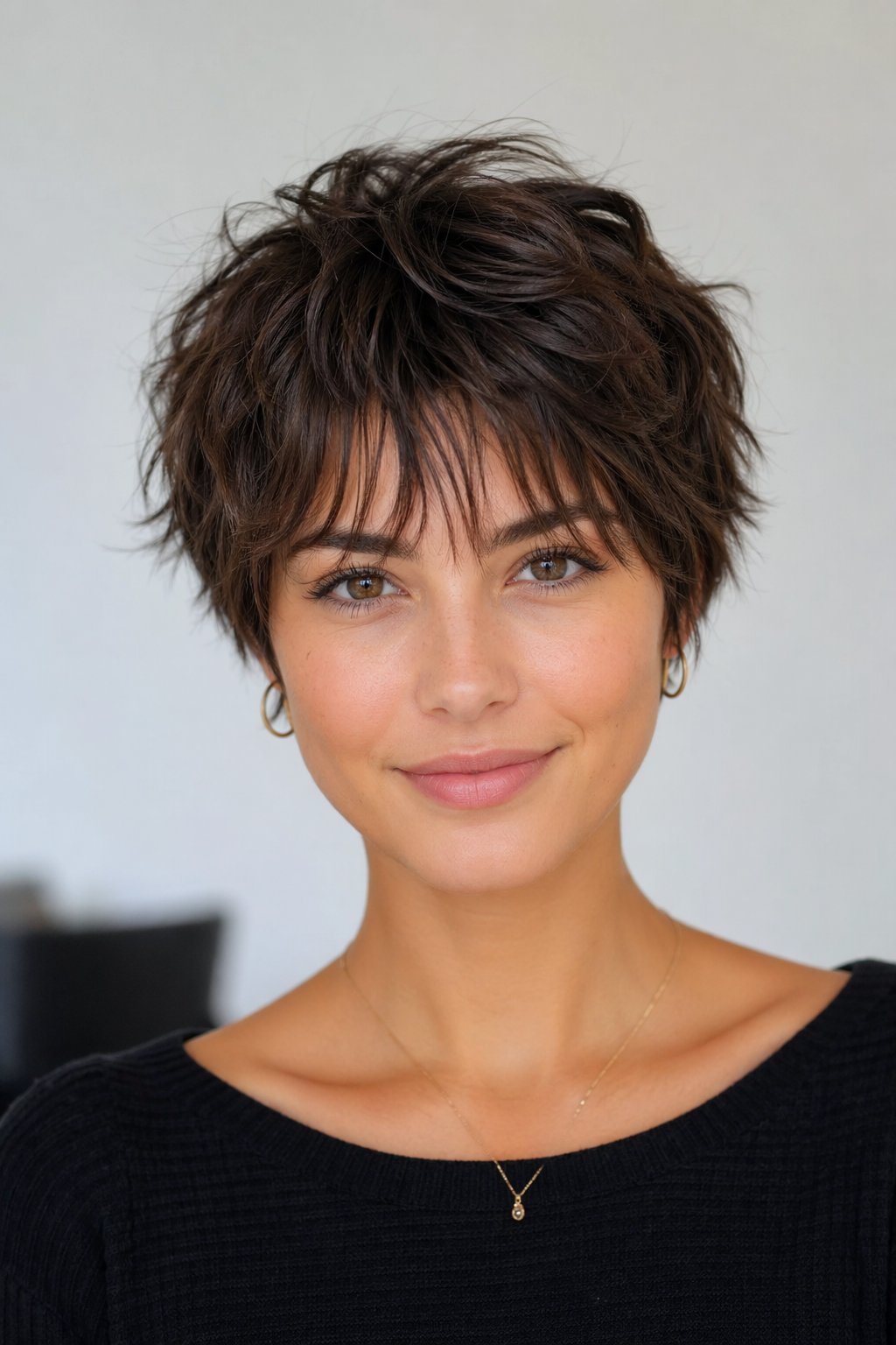 Portrait of a young woman with short layered hair and bangs, smiling softly against a neutral background.