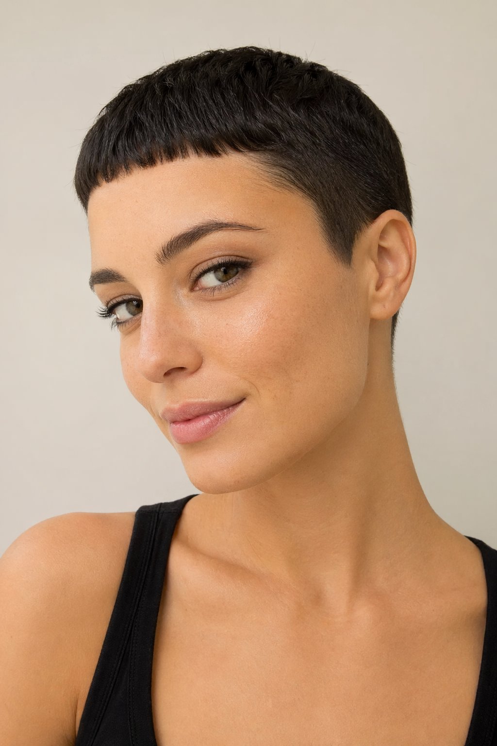 Young woman with a short buzzed pixie haircut and micro bangs, smiling against a plain background.