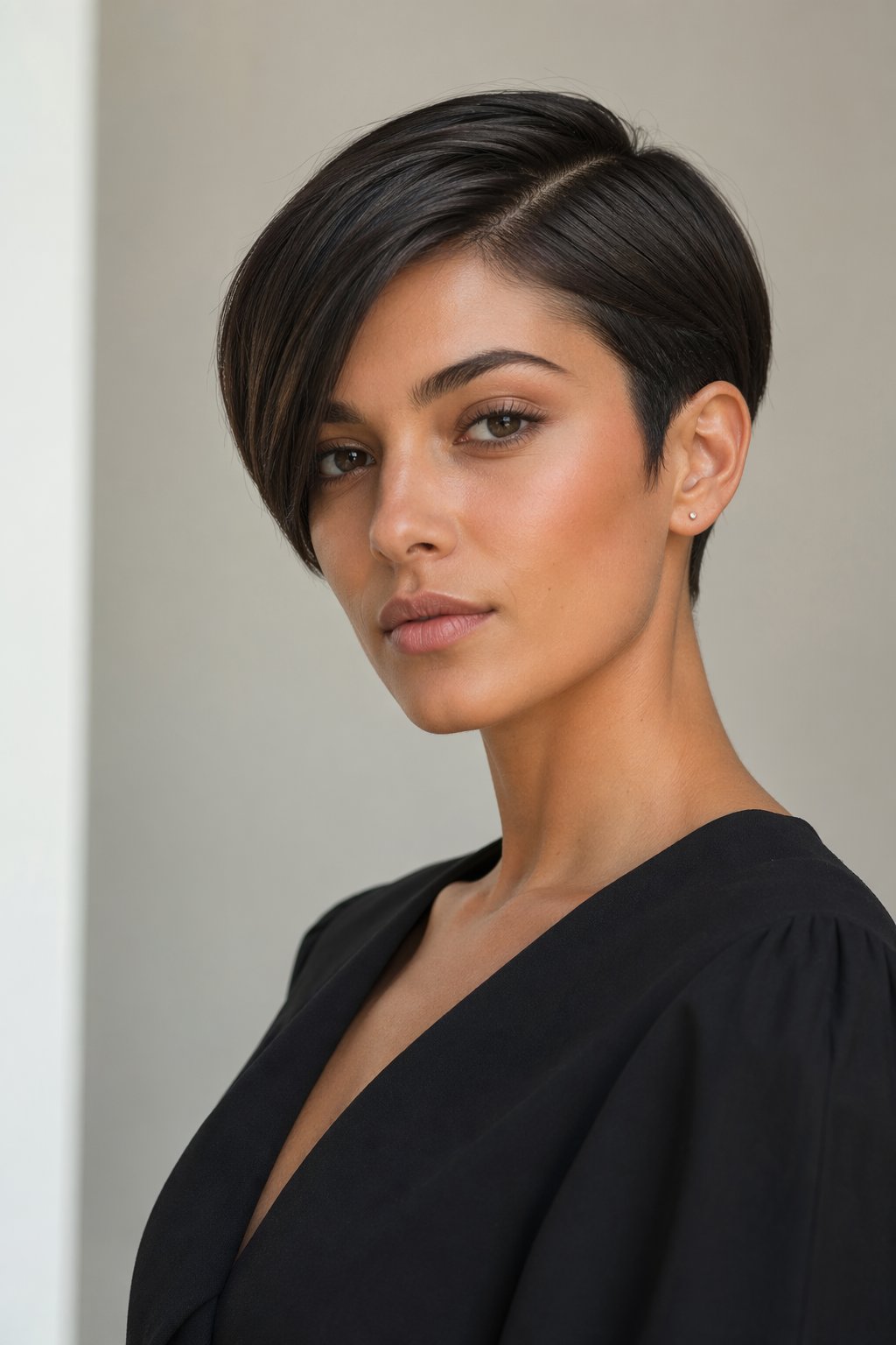A young woman with short hair posing in a studio with a neutral expression.