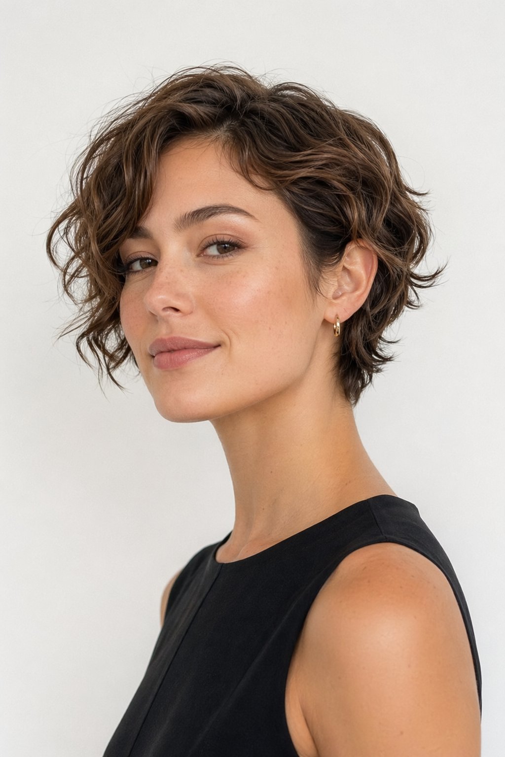 A young woman with a short wavy haircut tucking hair behind her ear, looking confidently at the camera against a plain background.