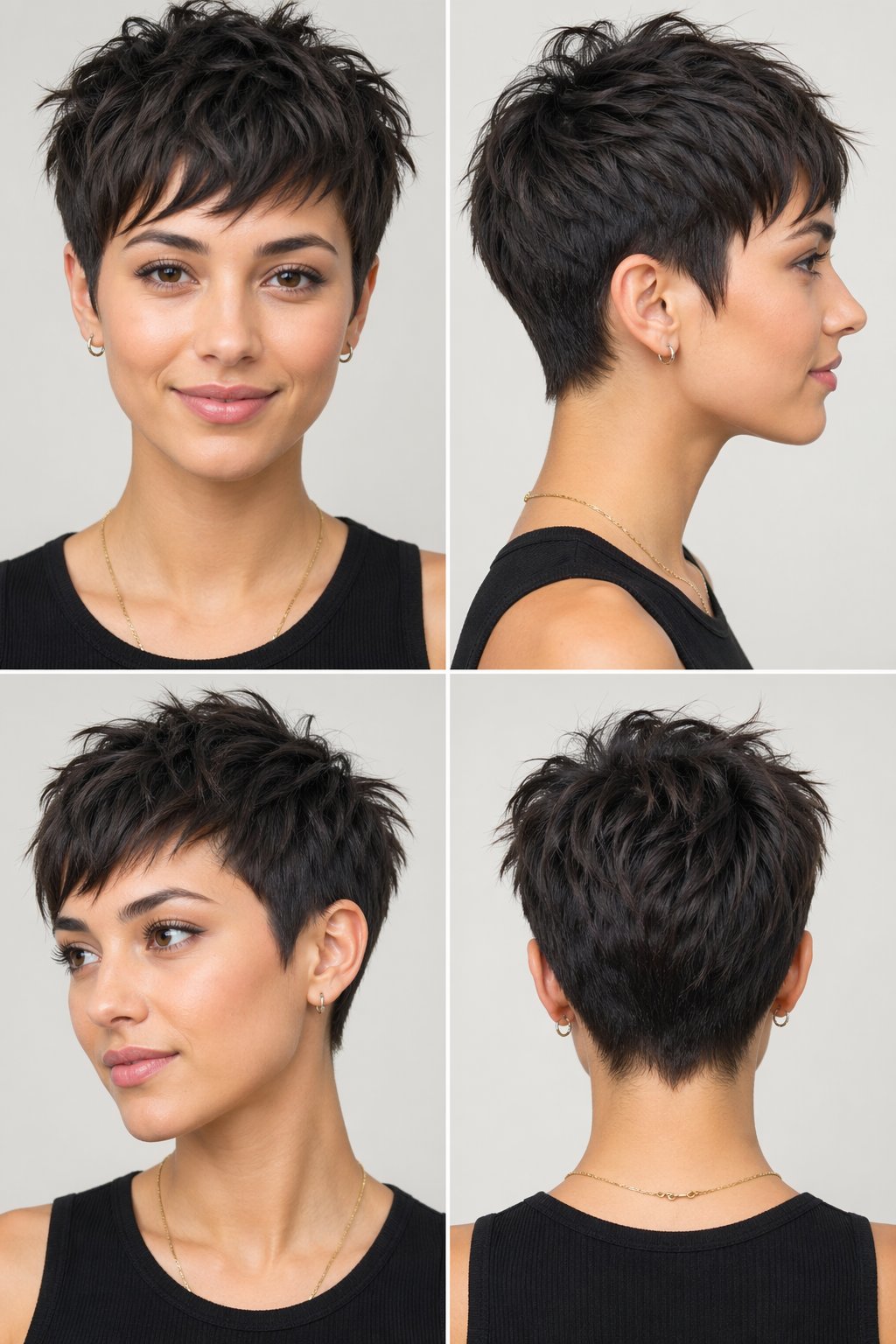 Young woman with a short textured pixie haircut posing in a studio with a neutral background.