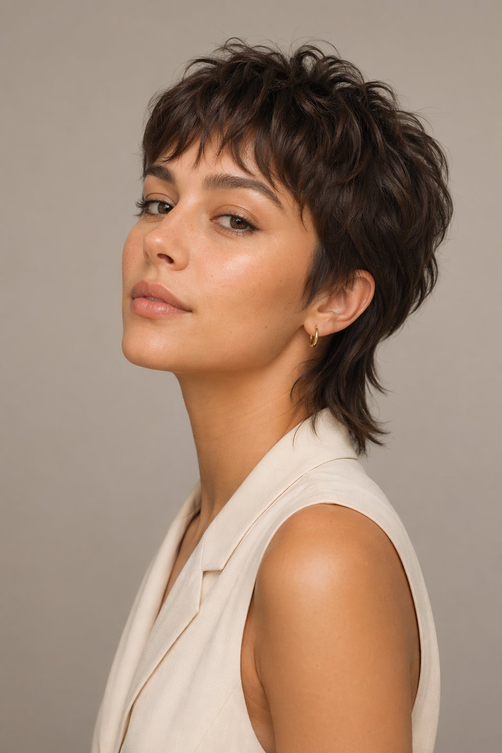 A young woman with a short layered haircut posing against a neutral background.