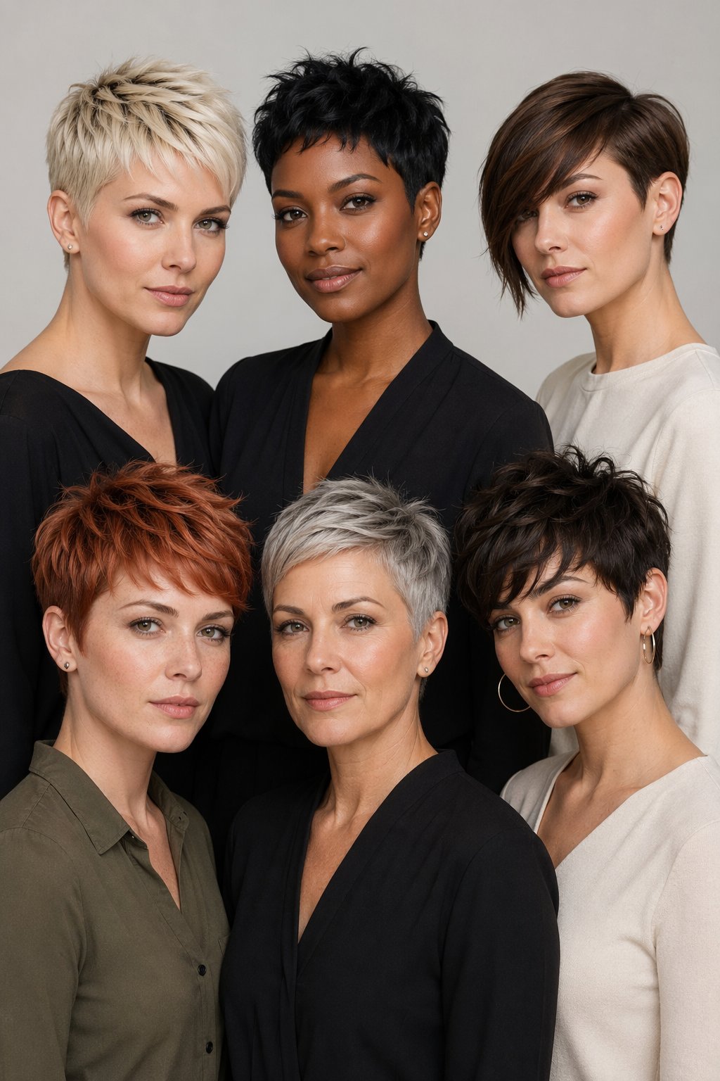 Six women with different pixie haircuts standing together against a plain background.