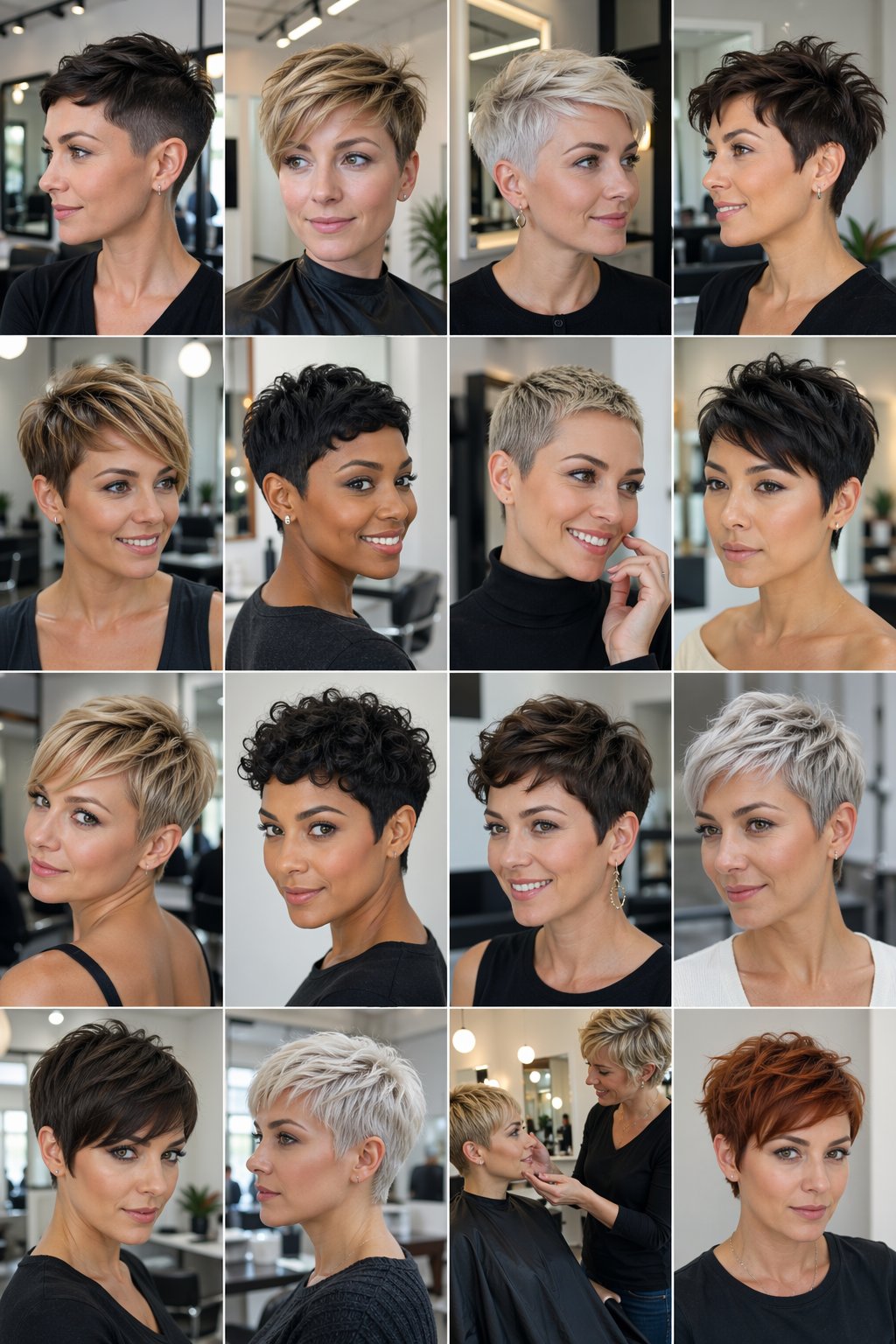 A group of women with different pixie haircuts in a bright hair salon talking with a hairstylist.
