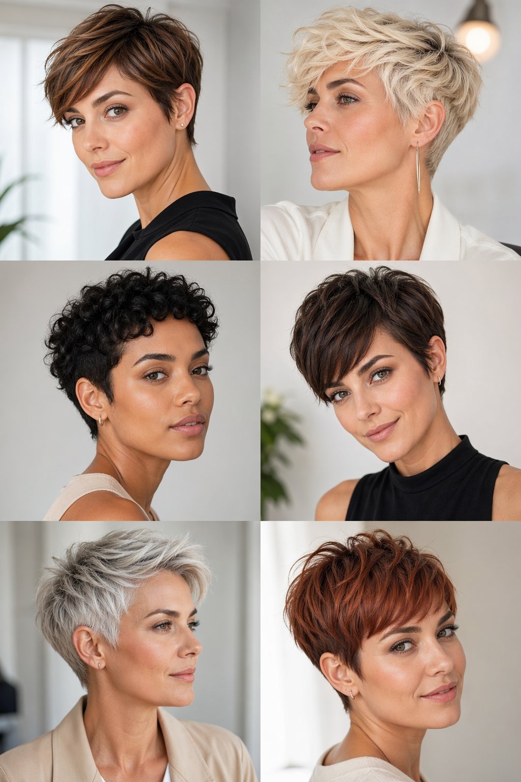 Six women with short haircuts posing confidently in a bright studio setting.