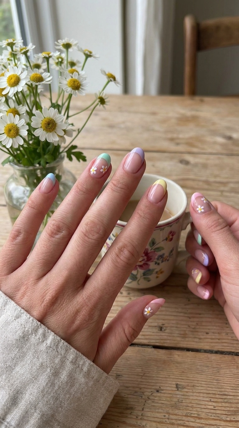 Pastel French Tips With Daisy Accents