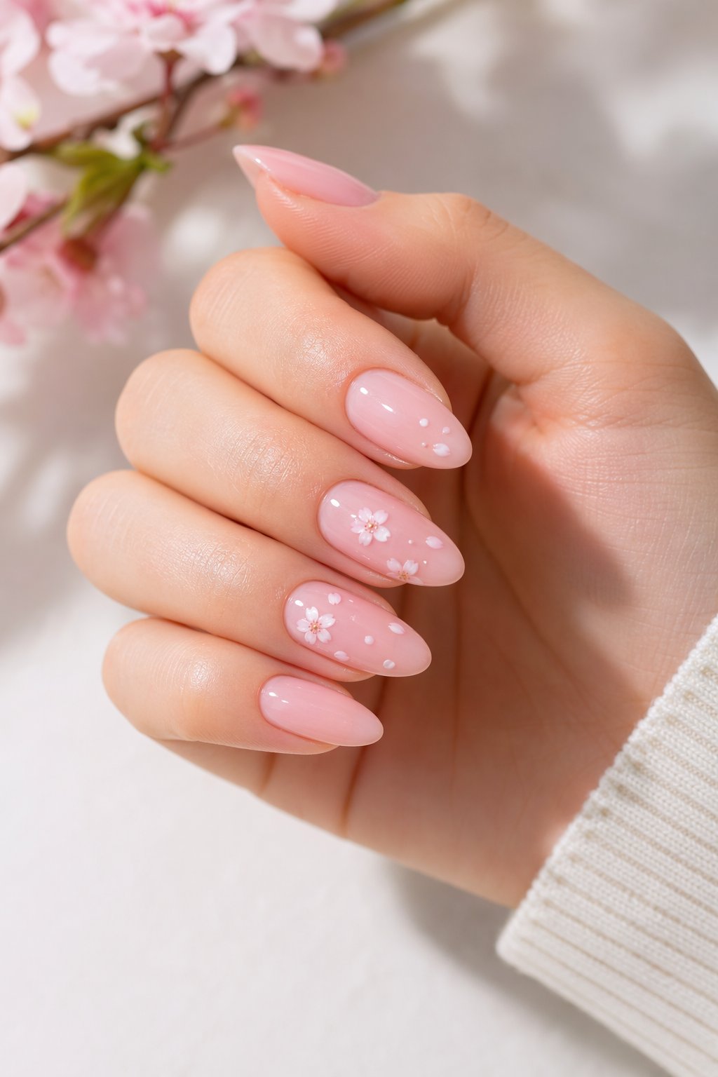 Close-up of hands with glazed lavender chrome nails against a soft spring floral background.