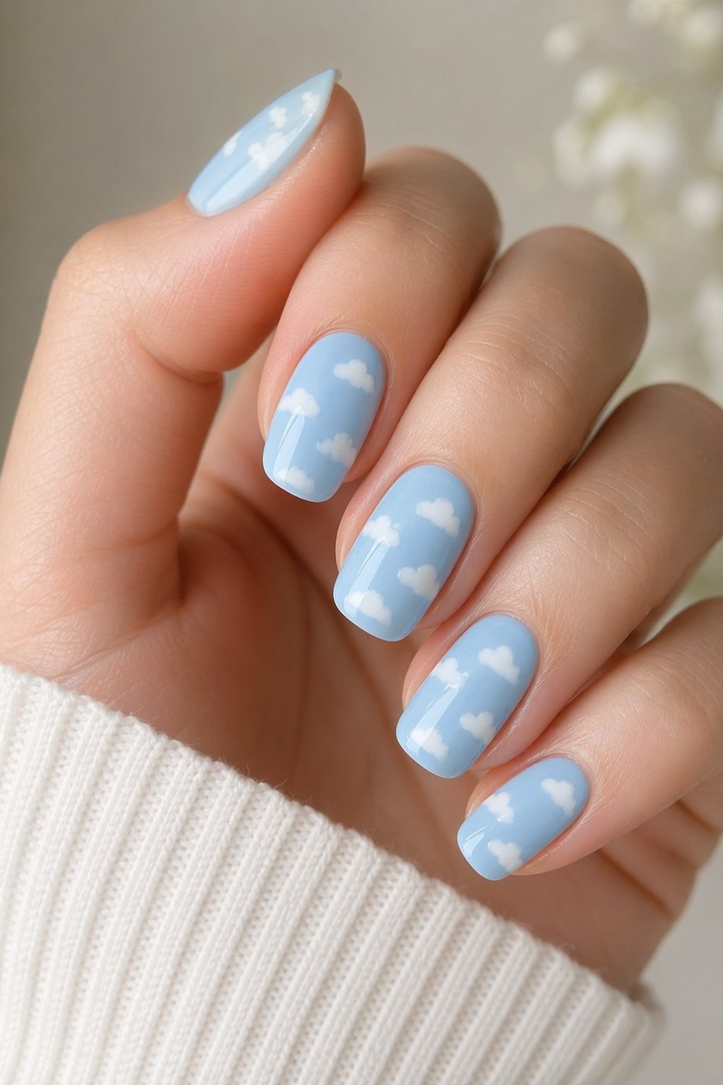 Close-up of hands with pastel blue nails decorated with small white cloud designs.