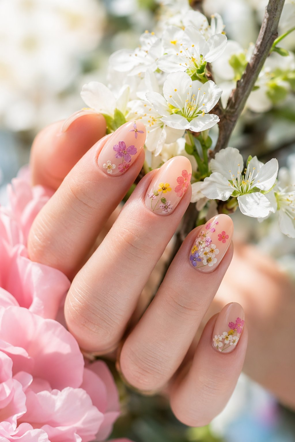 Close-up of hands with nude nails decorated with pressed flower designs holding spring flowers.