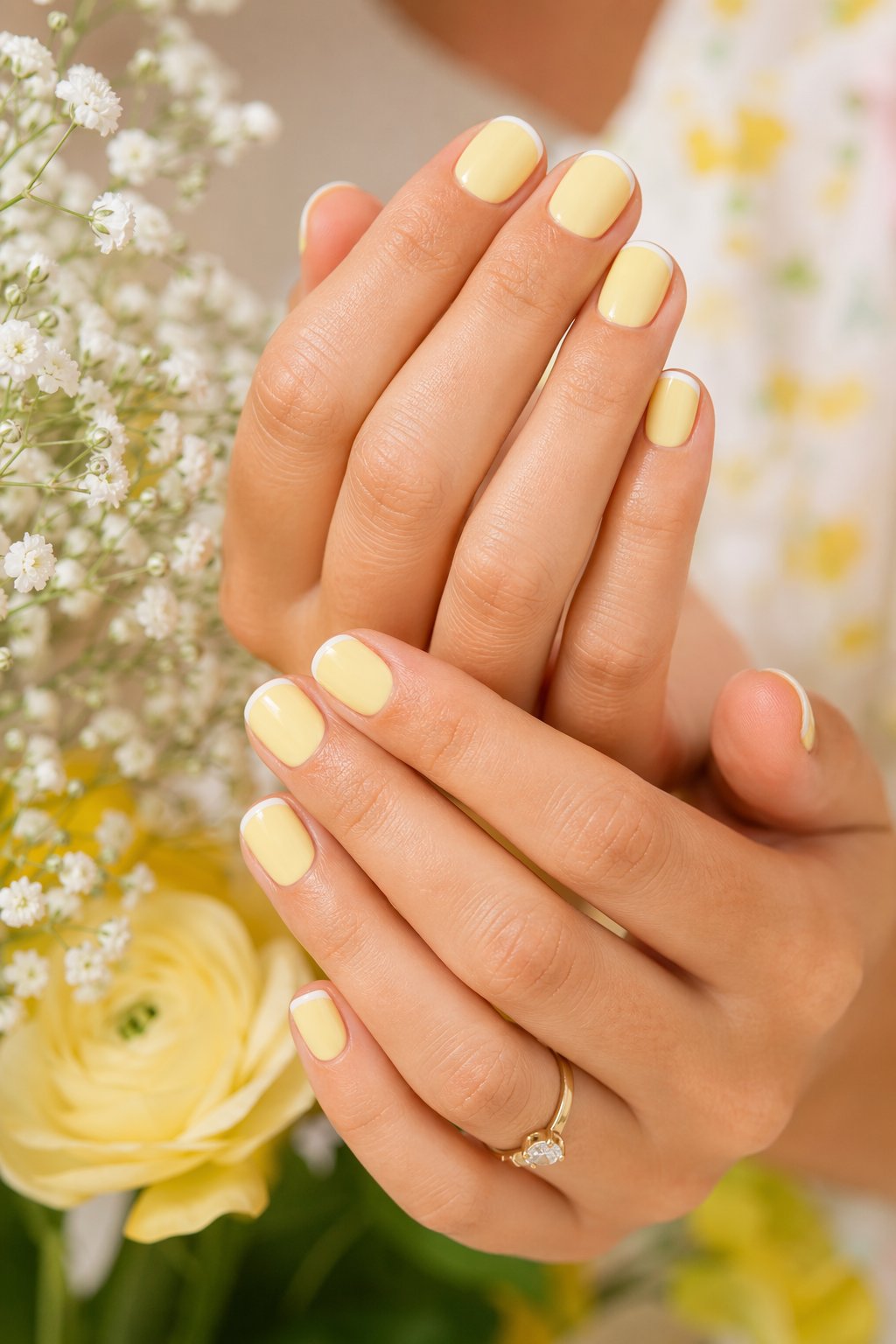 Close-up of hands with short lemon yellow French manicure nails against a soft pastel background with flowers.