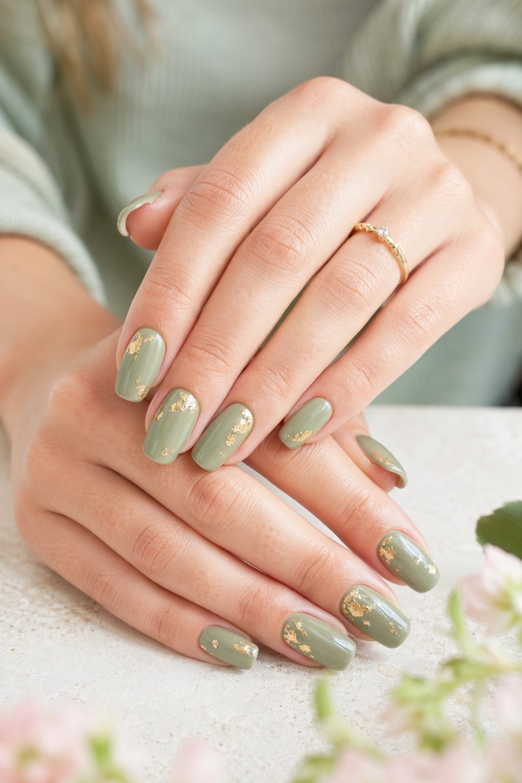 Close-up of hands with sage green nails decorated with gold foil, resting gently on a light surface with blurred spring flowers in the background.