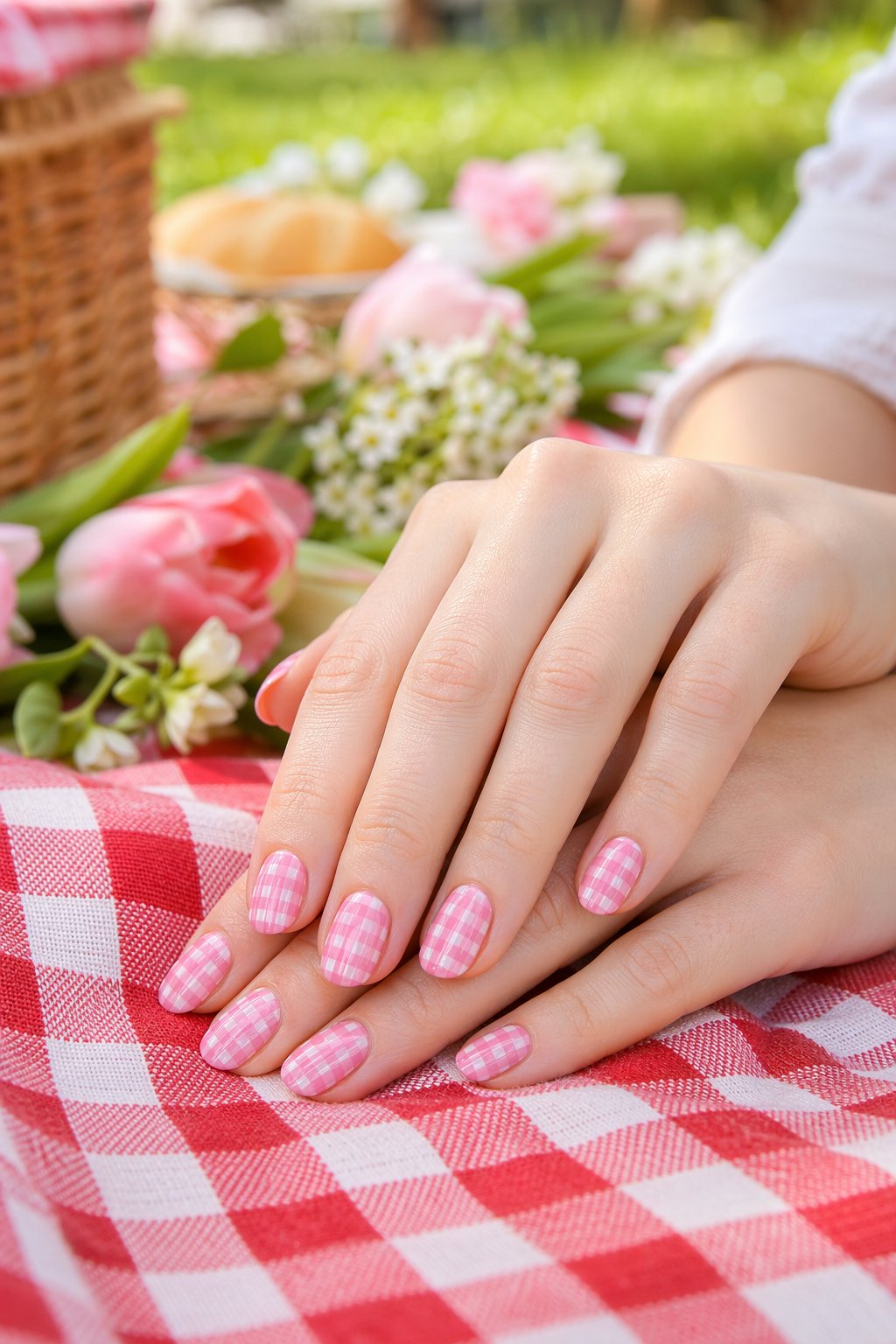 Close-up of hands with pink gingham nail art resting on a red and white checkered picnic blanket with flowers and a picnic basket in the background.