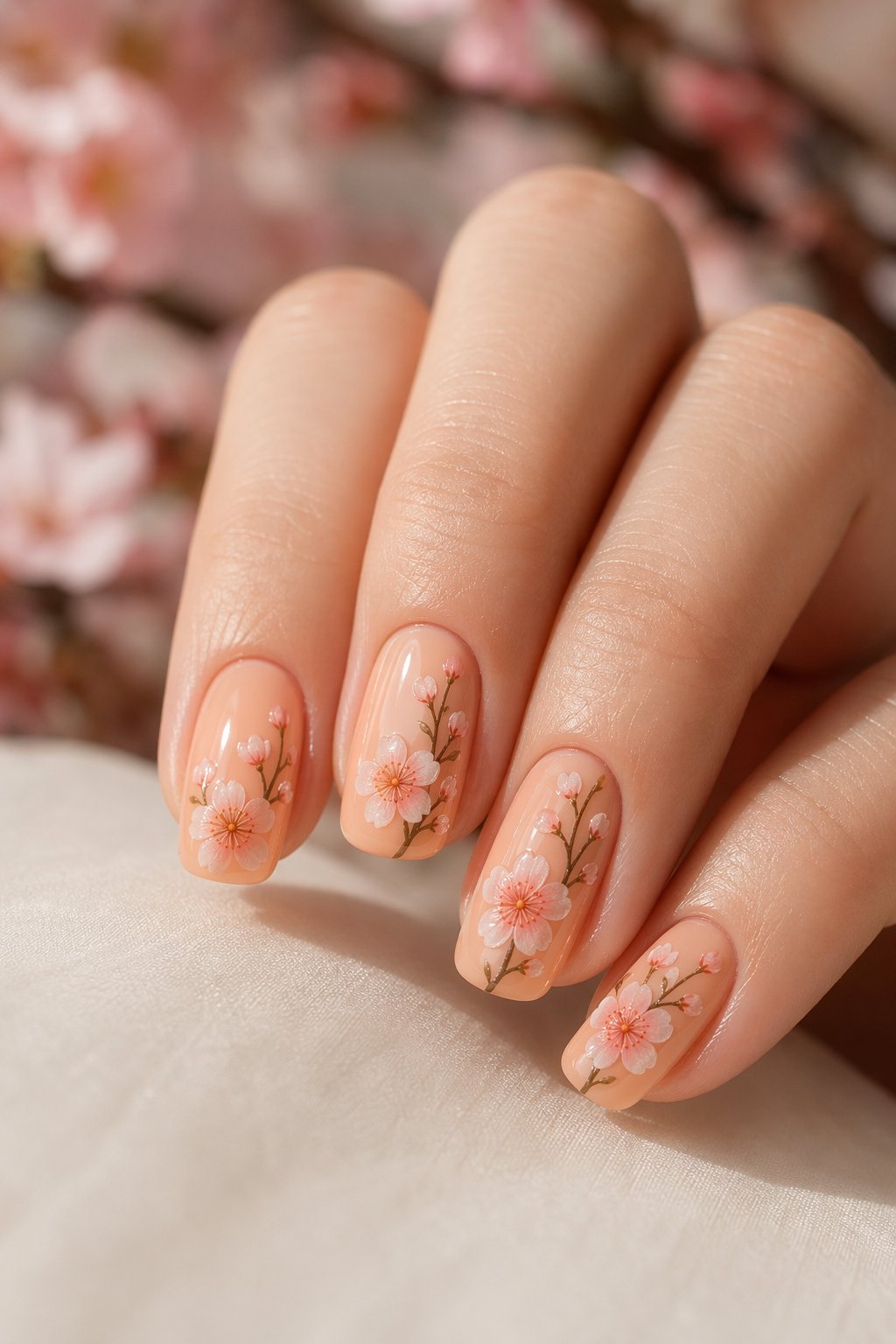 Close-up of a hand with peach-colored nails decorated with floral decals resembling peach blossoms.