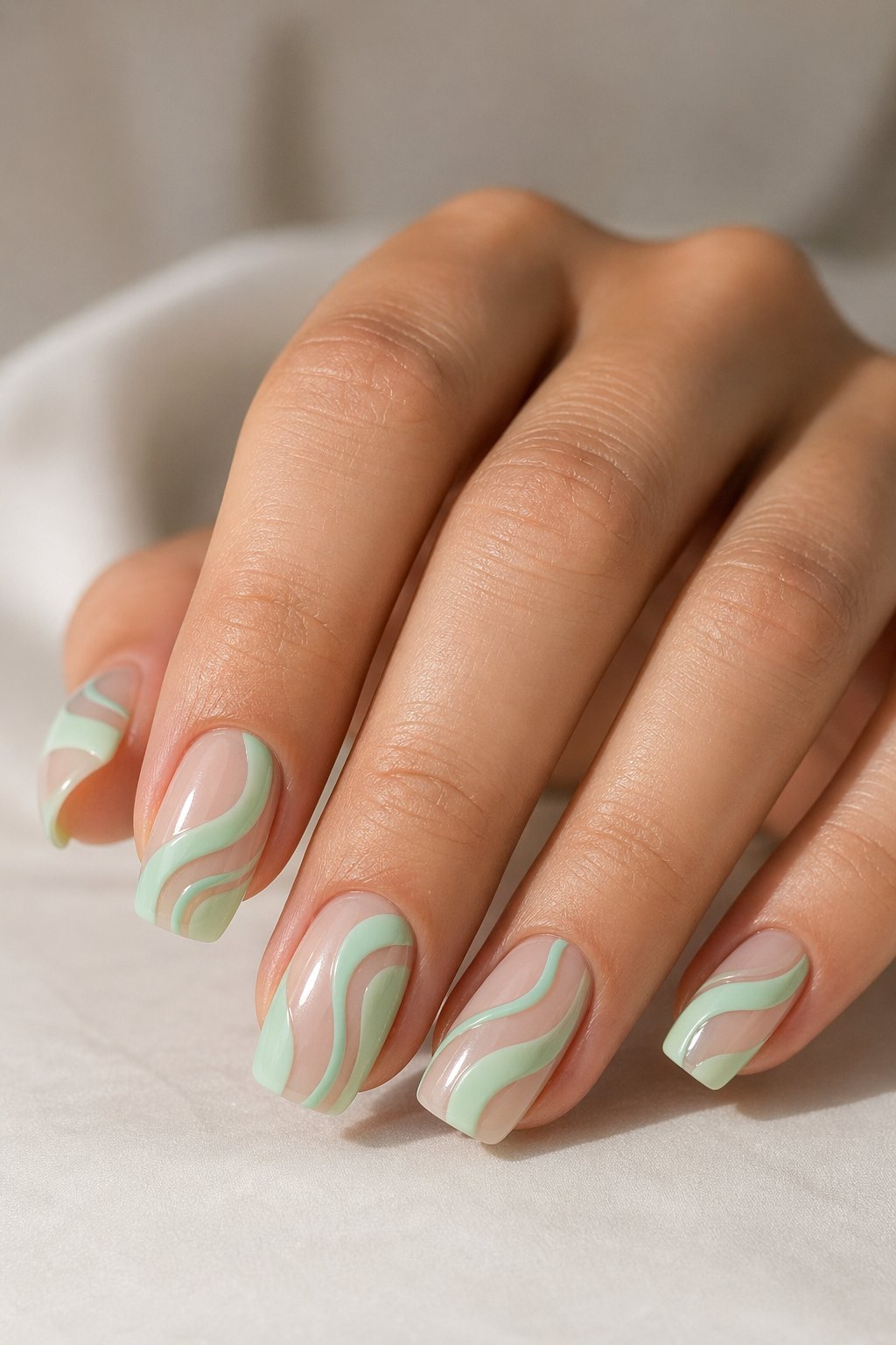 Close-up of a woman's hand with mint green swirl nail art and negative space design on her nails.