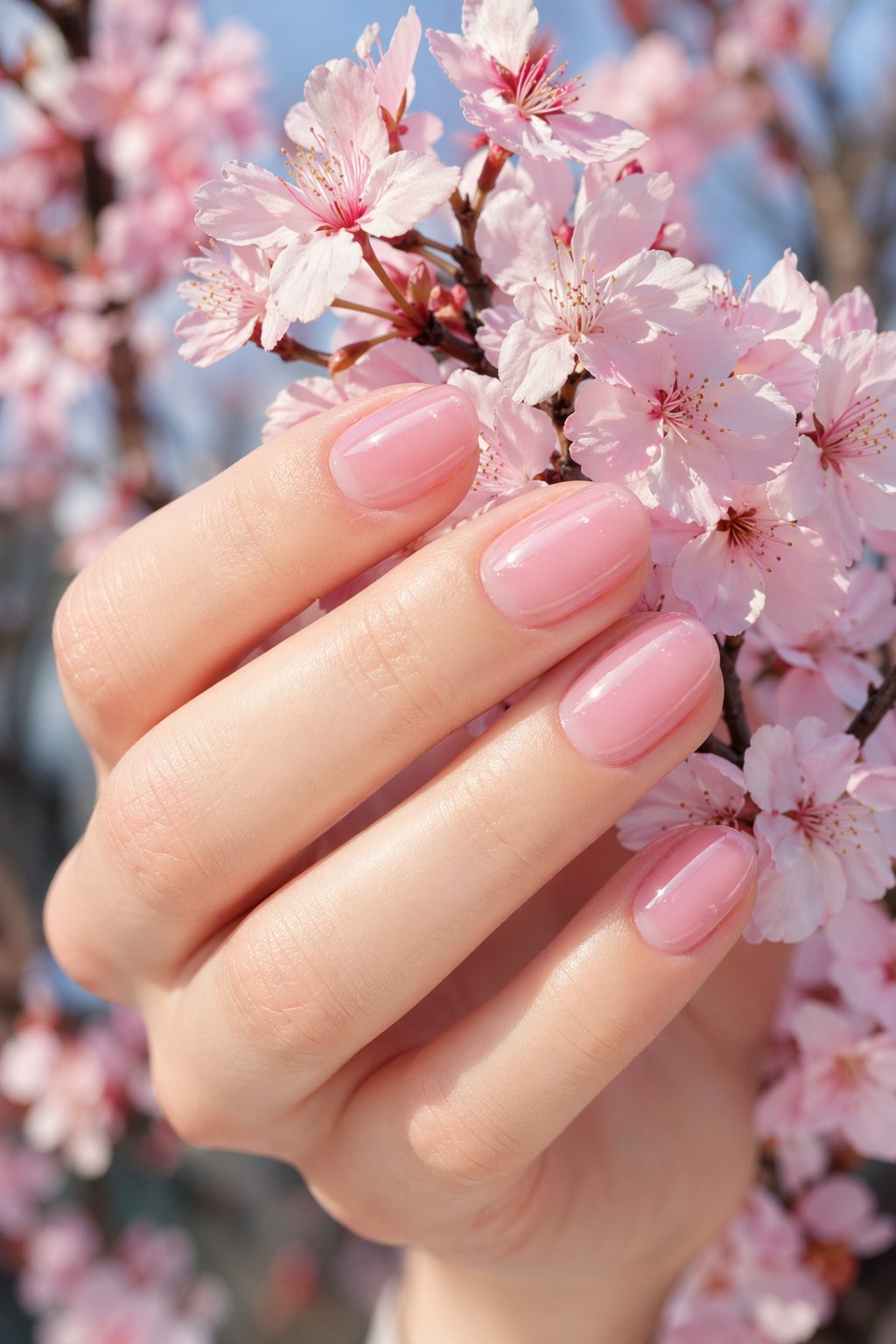 Close-up of hands with sheer pink nails holding cherry blossom branches with light pink flowers.