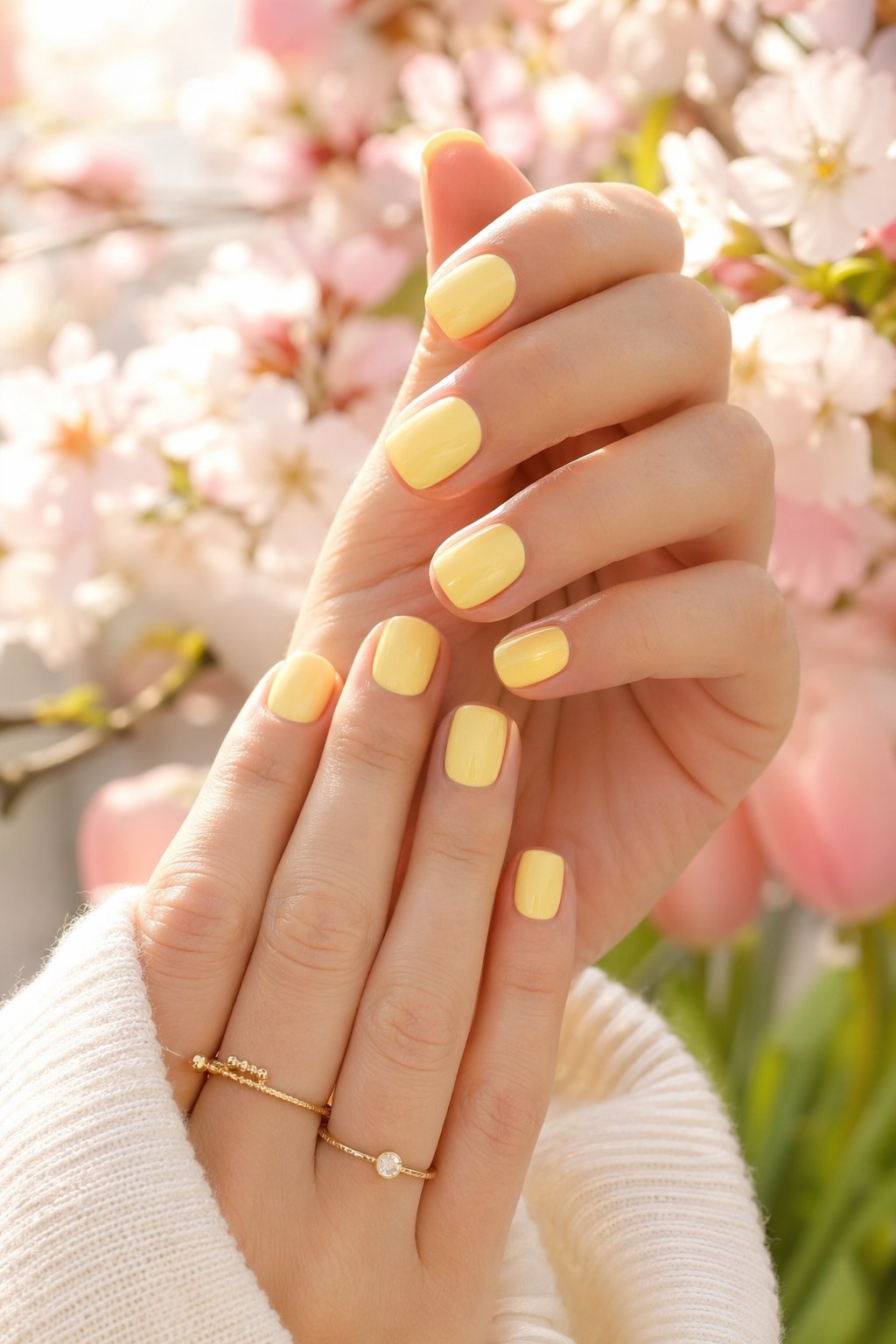 Close-up of hands with short butter yellow nails against a soft spring background with flowers.