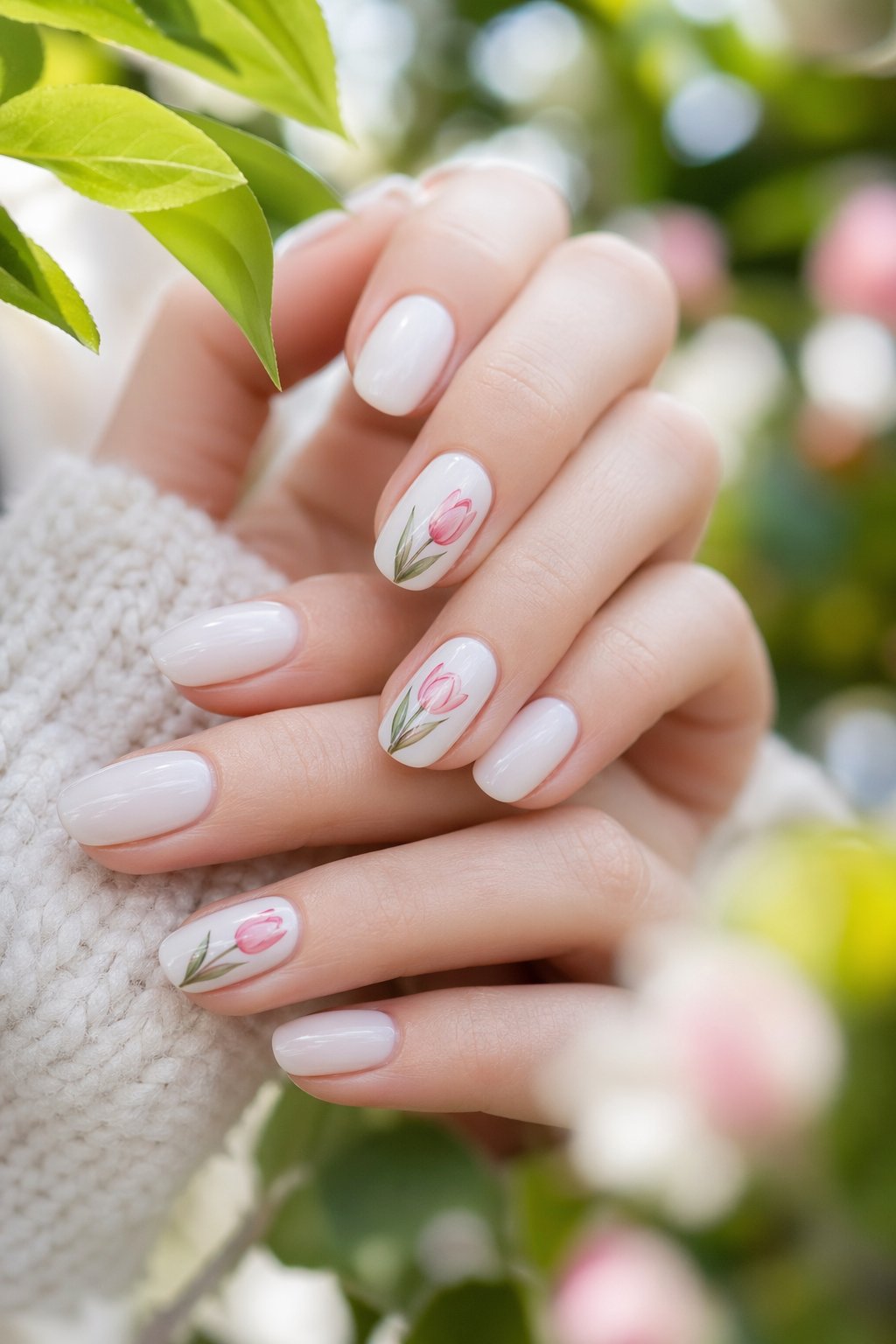 Close-up of hands with milky white nails decorated with tulip flower designs on a spring-themed background.