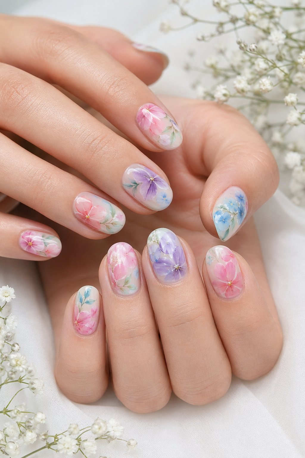 Close-up of hands with pastel-colored nails decorated with floral designs.