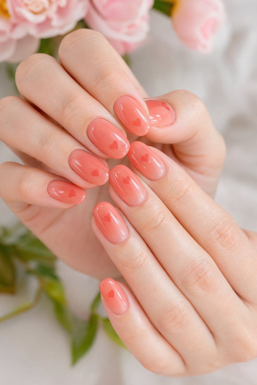 Close-up of hands with coral jelly nails decorated with tiny hearts, resting over a soft background with spring flowers.