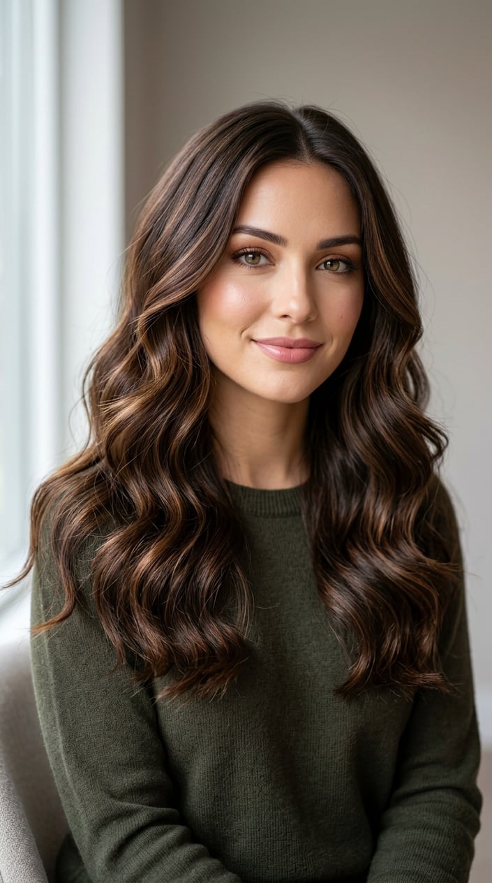 Close-up portrait of a woman with rich espresso brown wavy hair and glossy highlights against a neutral background.