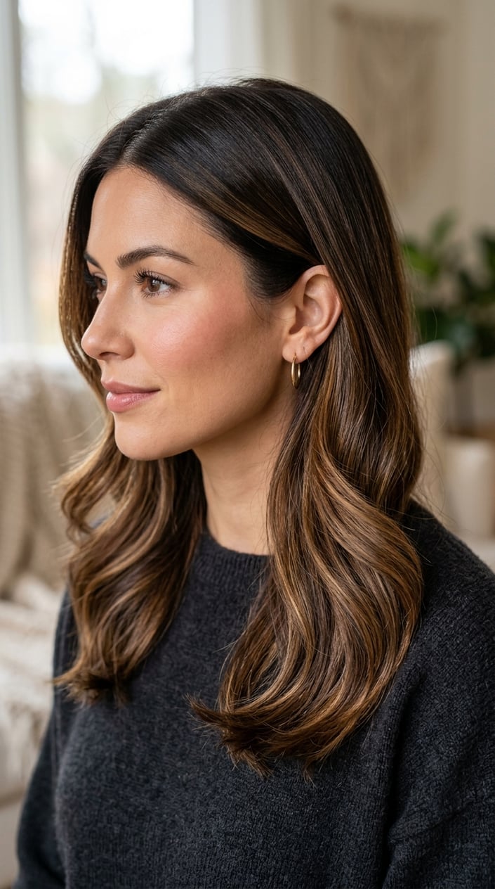 Close-up of a woman with chocolate brown balayage hair, showing a smooth gradient from dark roots to lighter ends.