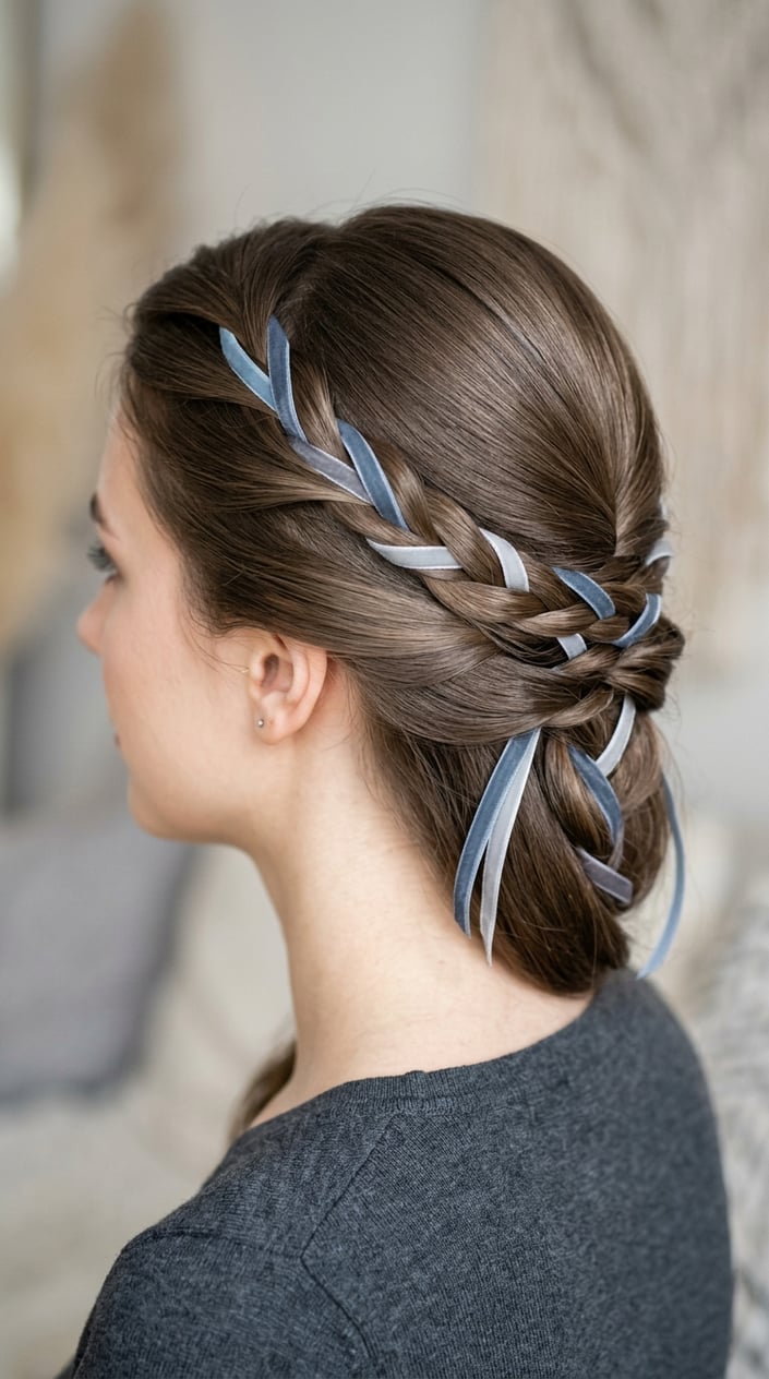 Close-up of a woman with mushroom brown hair and cool-toned ribbons woven through it.
